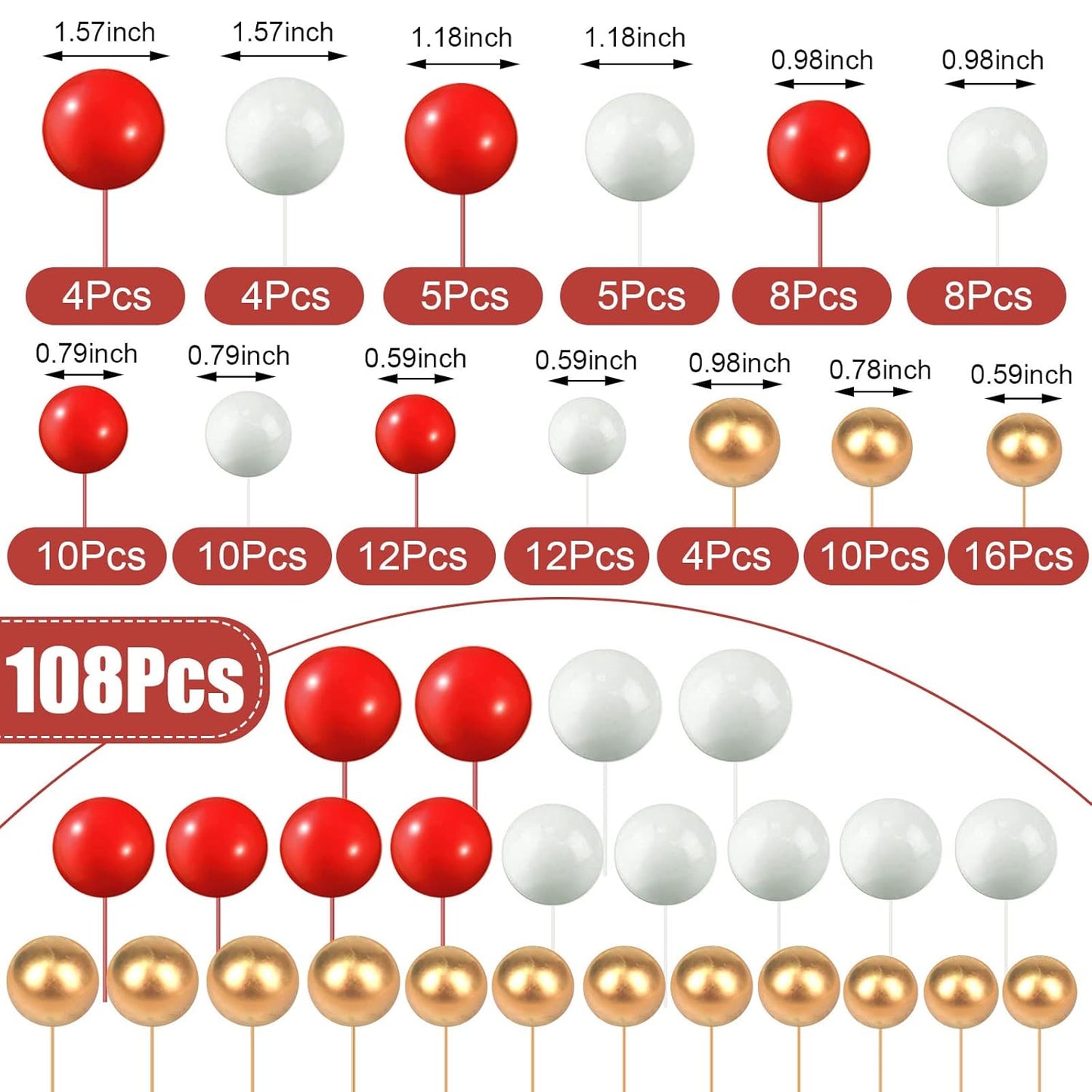 108 Pcs Balls Cake Topper DIY Cupcake Insert Foam Balloons for Cake Baking Wedding Anniversary Birthday Decoration(Red, White, Gold,Multi Sizes)
