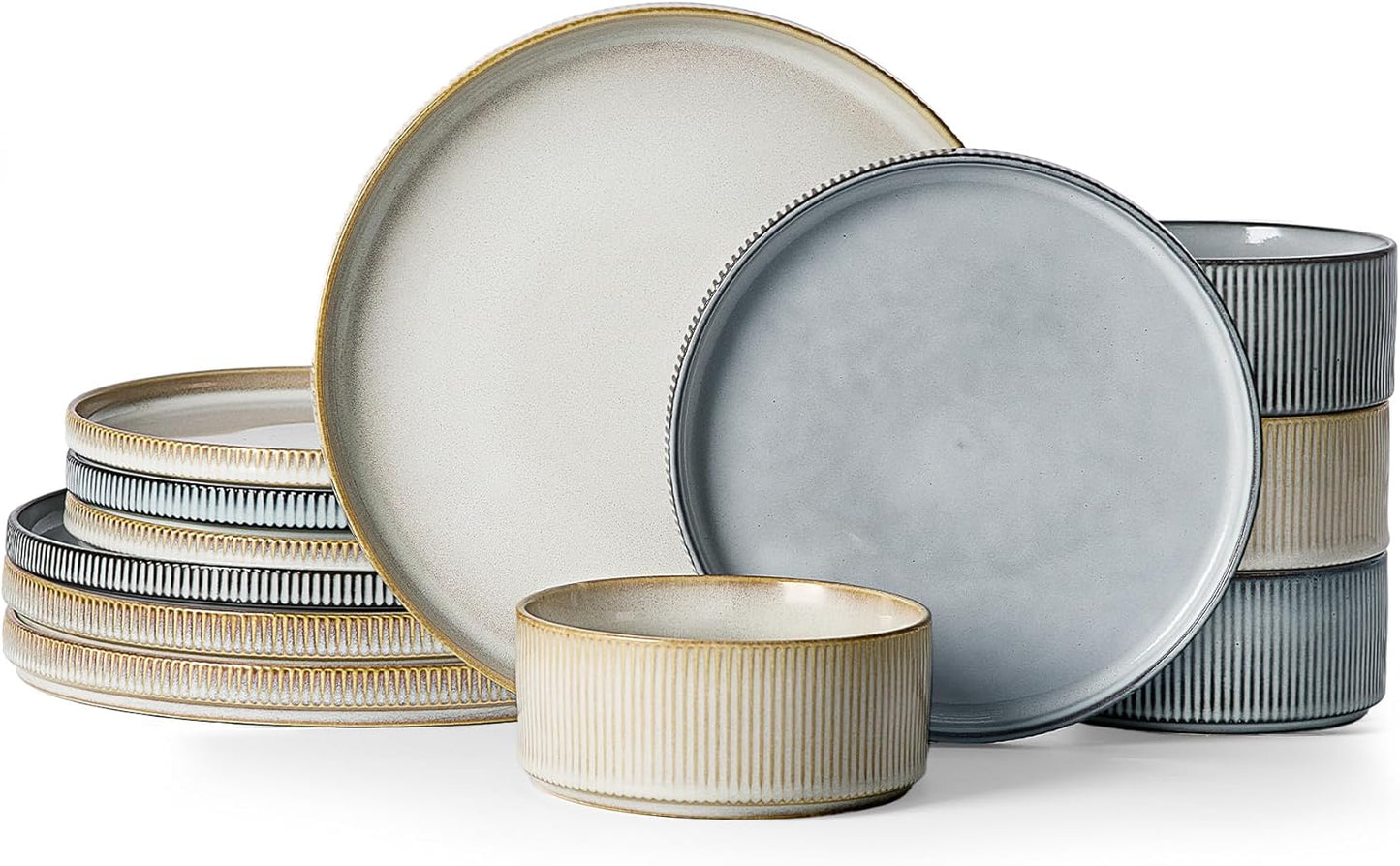 Famiware Star Dinnerware Set, Plates and Bowls Sets for 4 (12pcs), Ribbed Stoneware Dishes - Chip & Scratch Resistant, Microwave & Dishwasher Safe, Multicolor - Cappuccino White & Smoky Blue