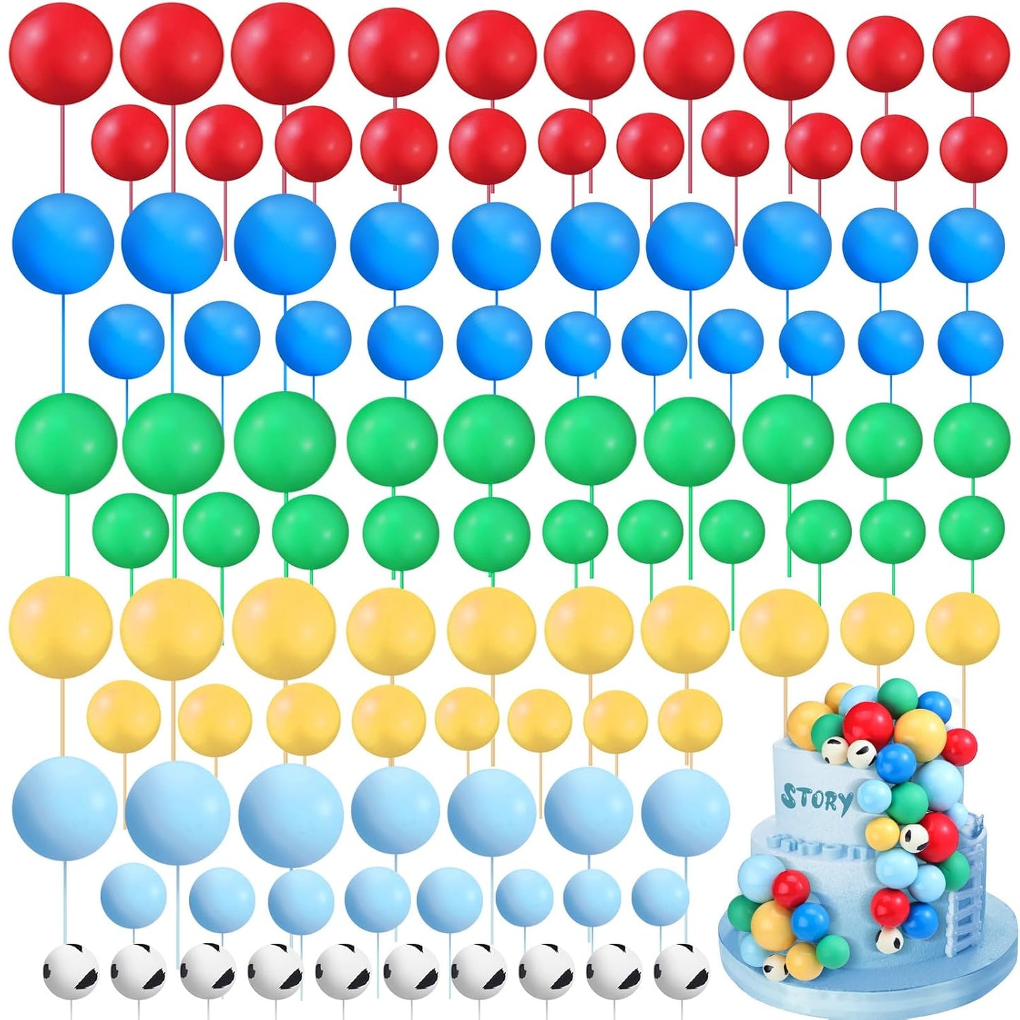 108 Pcs Balls Cake Topper DIY Cupcake Insert Foam Balloons for Cake Baking Wedding Anniversary Birthday Decoration(Green,Blue,Yellow,Red,Cow Color,Multi Sizes)