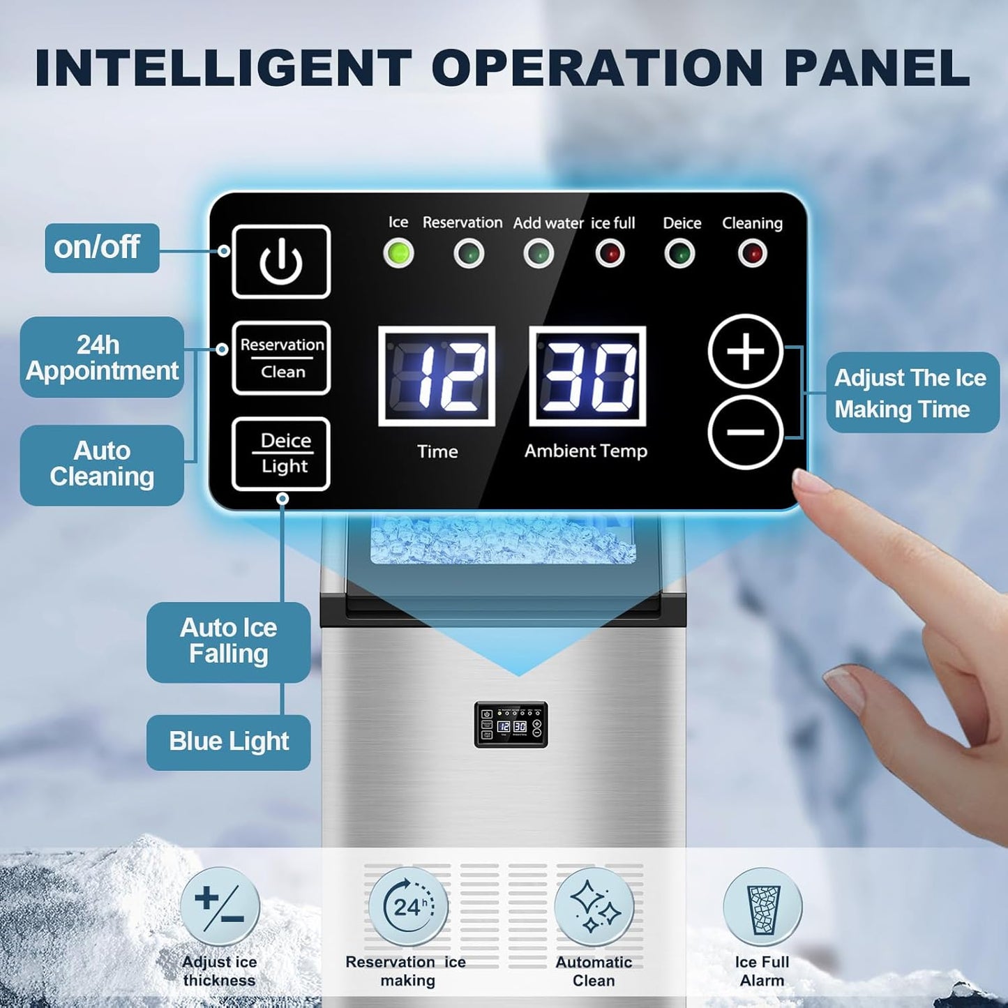 Commercial Ice Maker Machine, 160 lbs/24H with 50 lbs Storage Bin, Dual Water Inlet Options, Under Counter Freestanding Ice Maker for Home, Bar, Support 5-Gallon Bottle Water & Tap Water