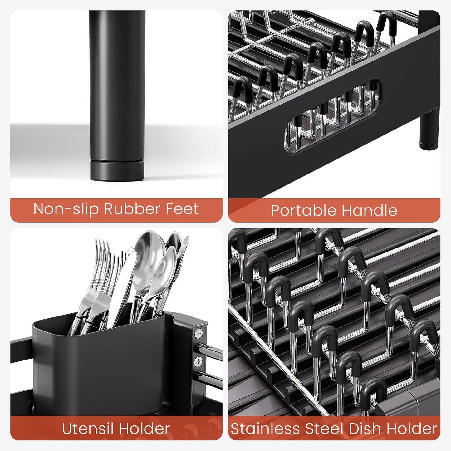 Dish Drying Rack for Kitchen Counter, Extendable Dish Rack with Drainboard, Expandable Dish Drainer, Collapsible Dish Strainer with Cutlery Holder, Foldable Home Countertop Plate Storage Rack, Black