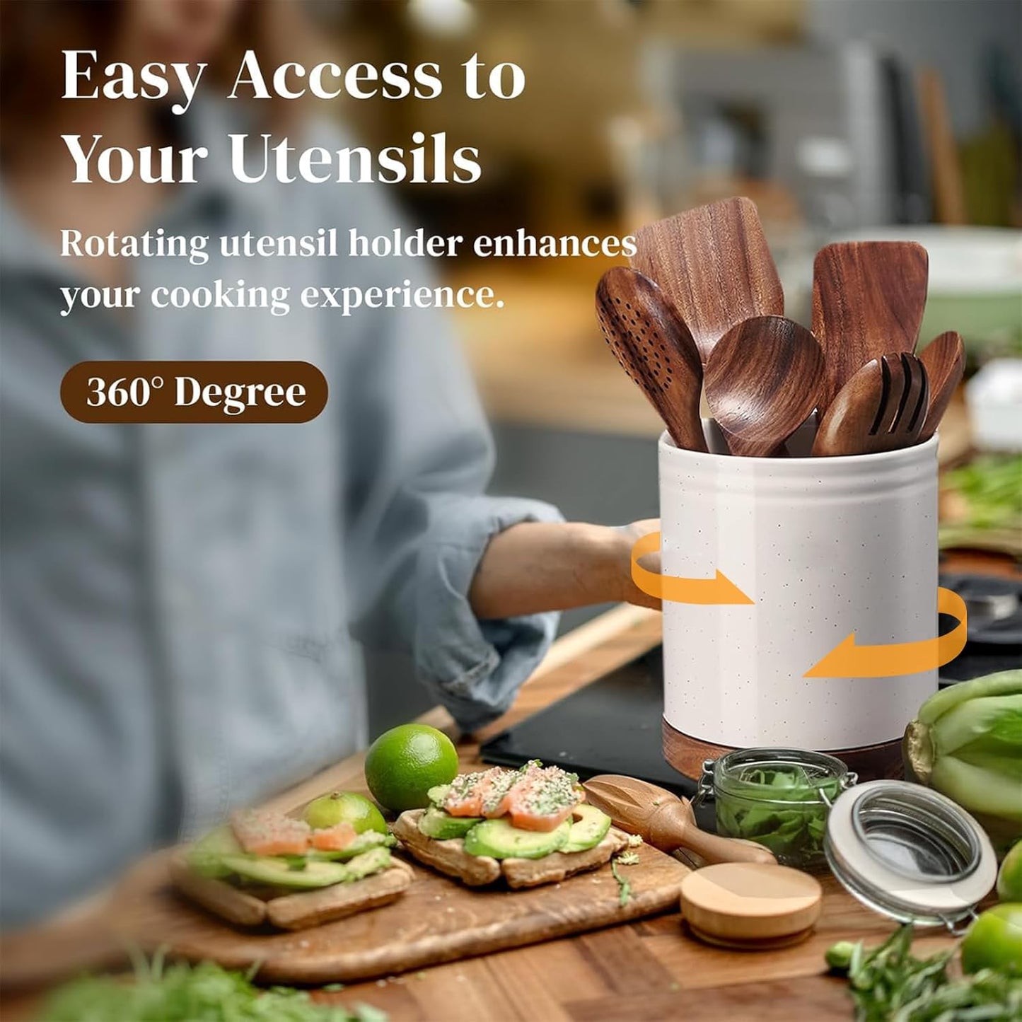 DOWAN 7.6" 360° Rotating Utensil Holder, Kitchen Utensil Holder for Countertop,Large Ceramic Utensil Crock for Kitchen Decor, Protection Cork Bottom, Speck White