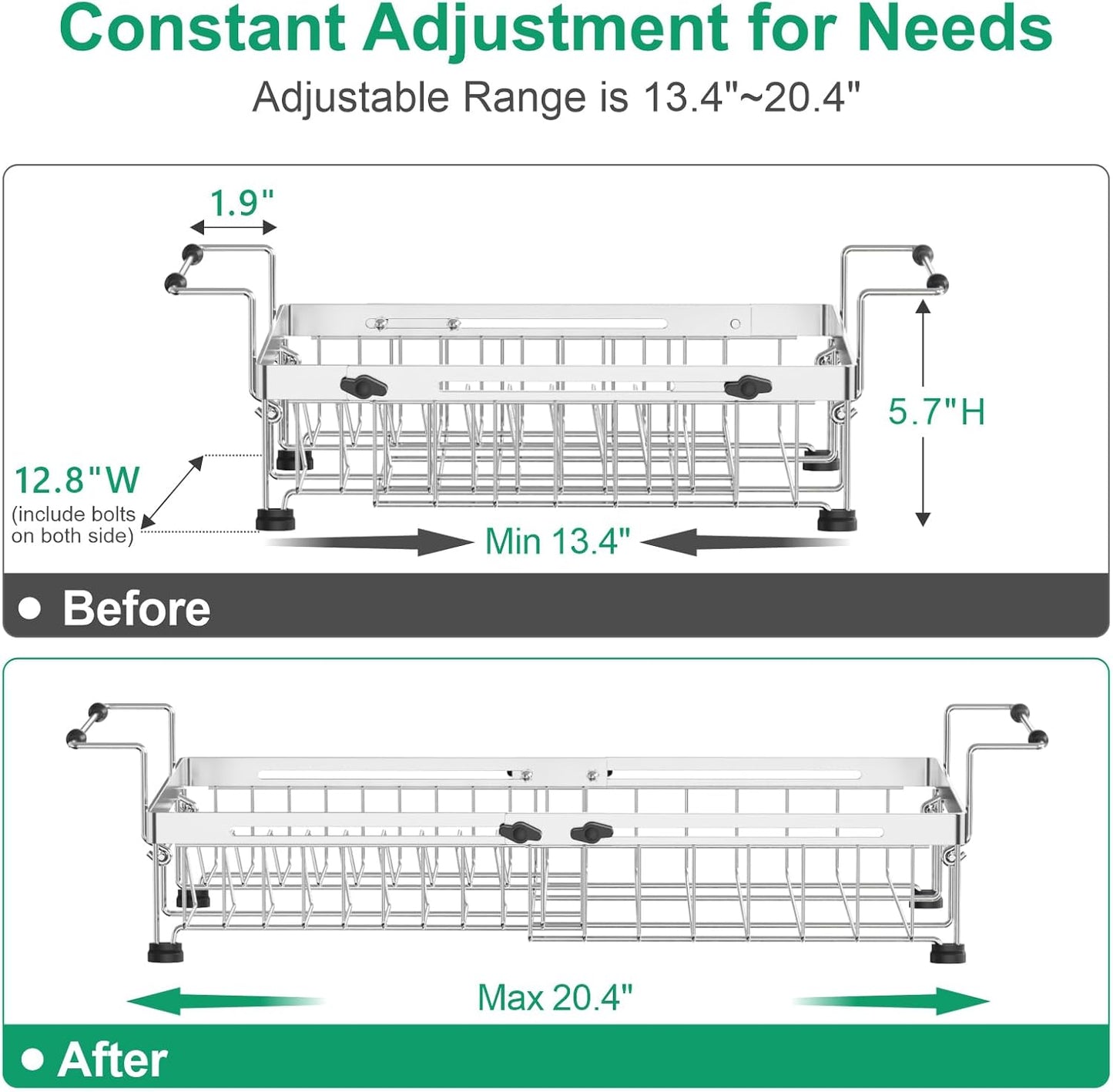 GSlife Expandable in Sink Dish Drying Rack - Stainless Steel Capacity Adjustable Over The Sink Dish Rack, Dish Drainer for Kitchen Sink Counter with Utensil Holder, 13.4"-20.5" L x 12.8" W, Silver