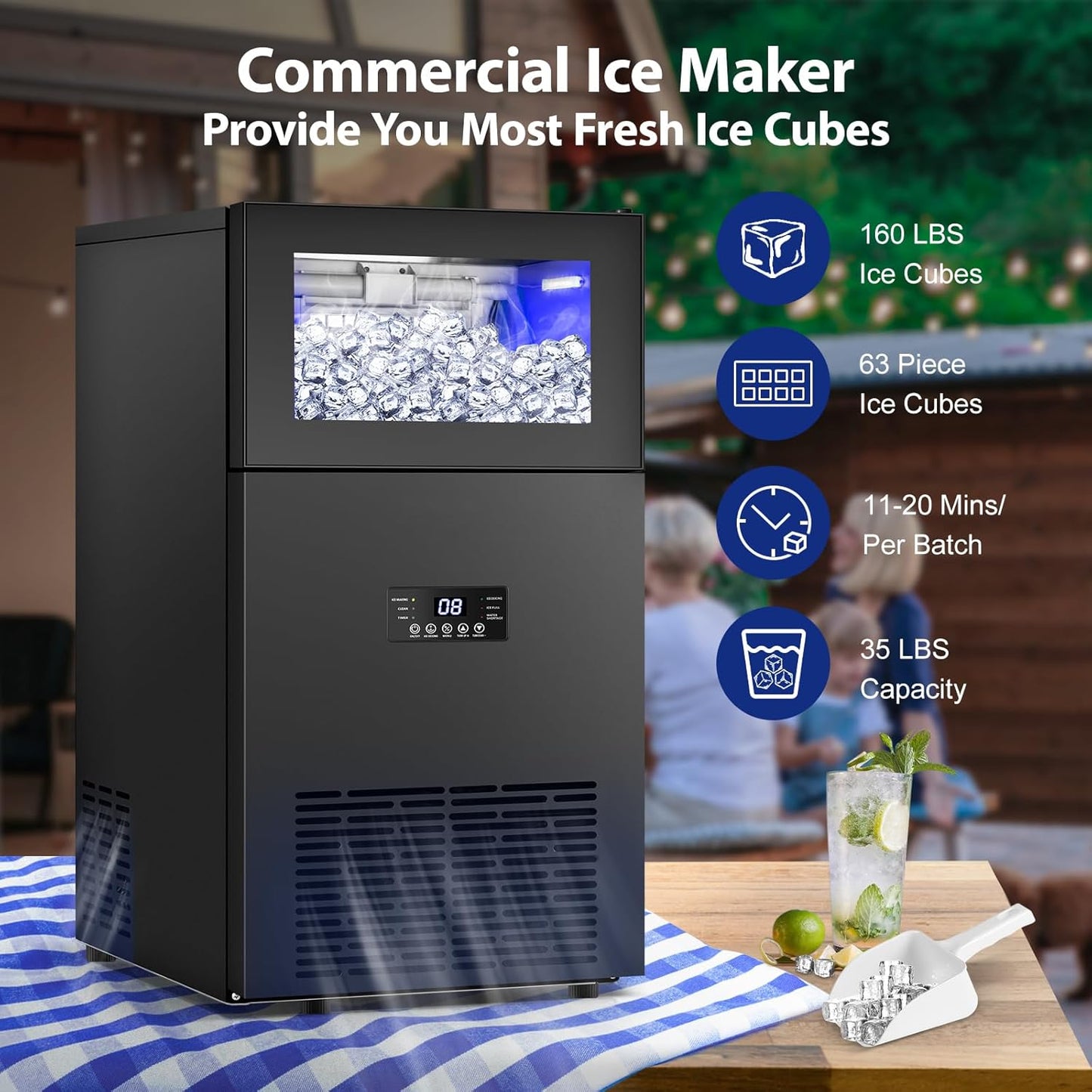 Commercail Ice Maker 160Lbs/24H with 35Lbs Ice Capacity,Upgraded 15" Wide Under Counter Ice Machine 63Pcs Ice Cubes, Commercial Ice Machine Self Clean Stainless Steel Built-in or Freestanding
