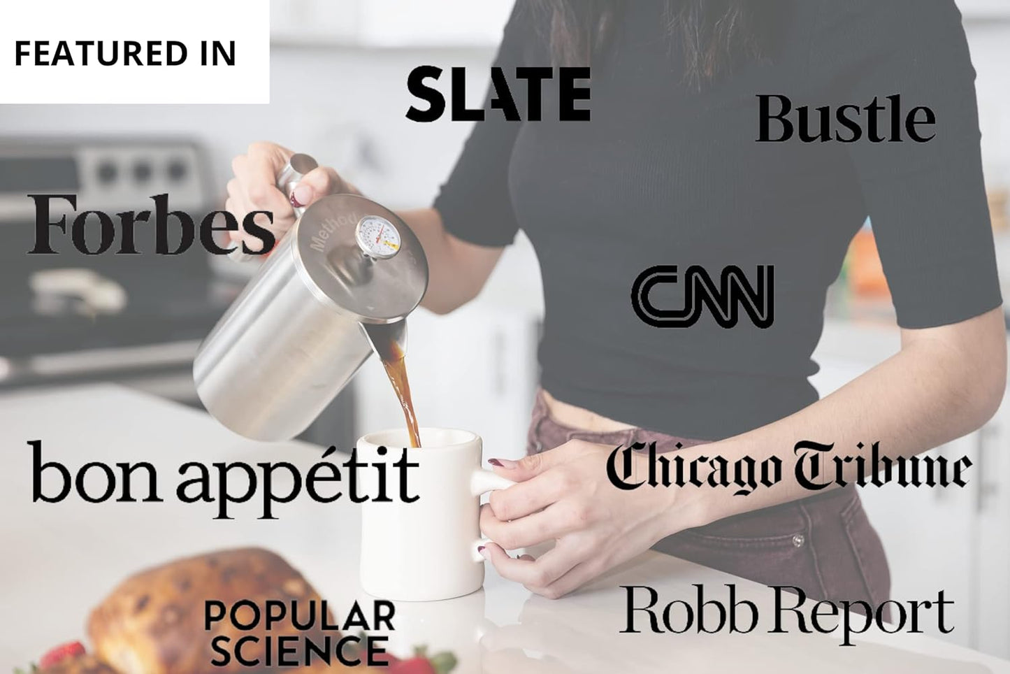 Barista Warrior French Press with Thermometer - Insulated Coffee Press - Stainless Steel Coffee Maker (1.0L, 34 fl oz, Gray)