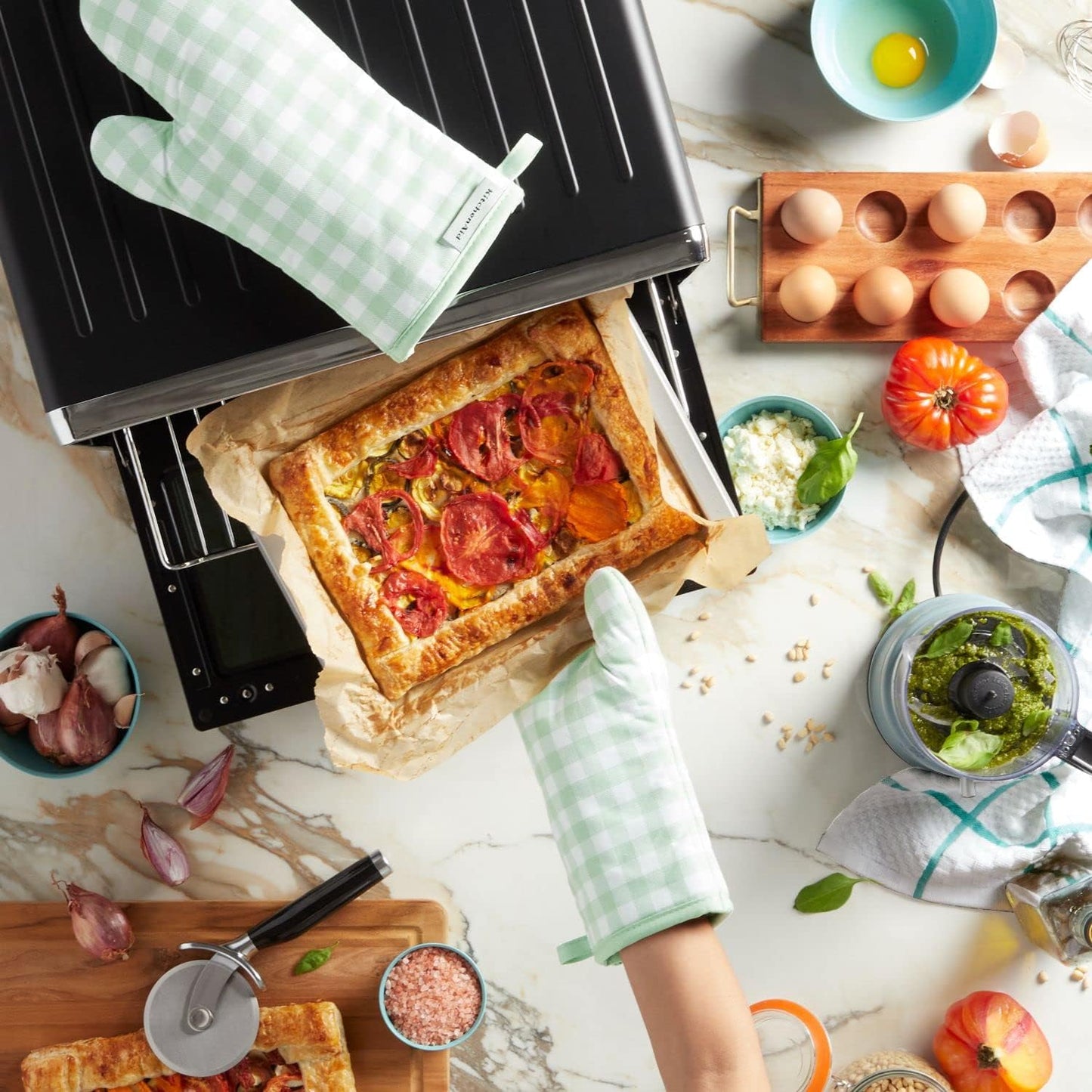 KitchenAid Gingham Oven Mitt 2-Pack Set, Pistachio, 7"x13"