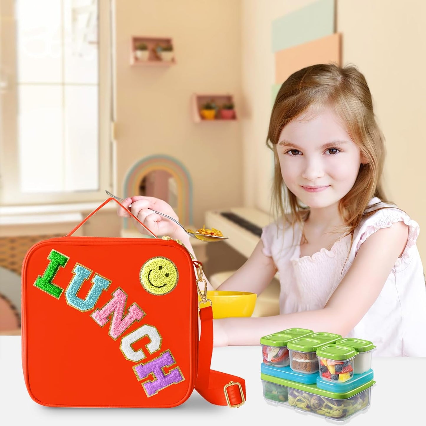 Insulated Lunch Bag With Adjustable Shoulder Strap, Nylon Preppy Lunch Box Large Insulated Lunch Bag Reusable Lunch Tote Bag with Smiley Preppy LunchBag for Girls School Travel Picnic (Orange)