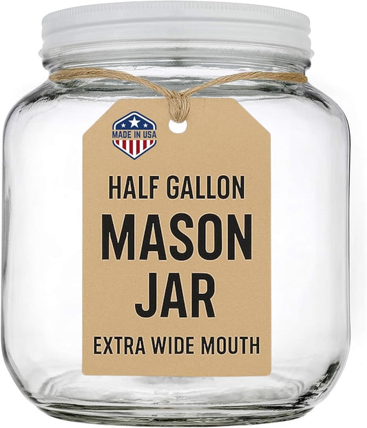 kitchentoolz Half Gallon Mason Jar Wide Mouth with Airtight Metal Lid - Safe for Fermenting Kombucha Kefir - Curing Pickling, Storing and Canning - BPA-Free Dishwasher Safe (1, White Lid)
