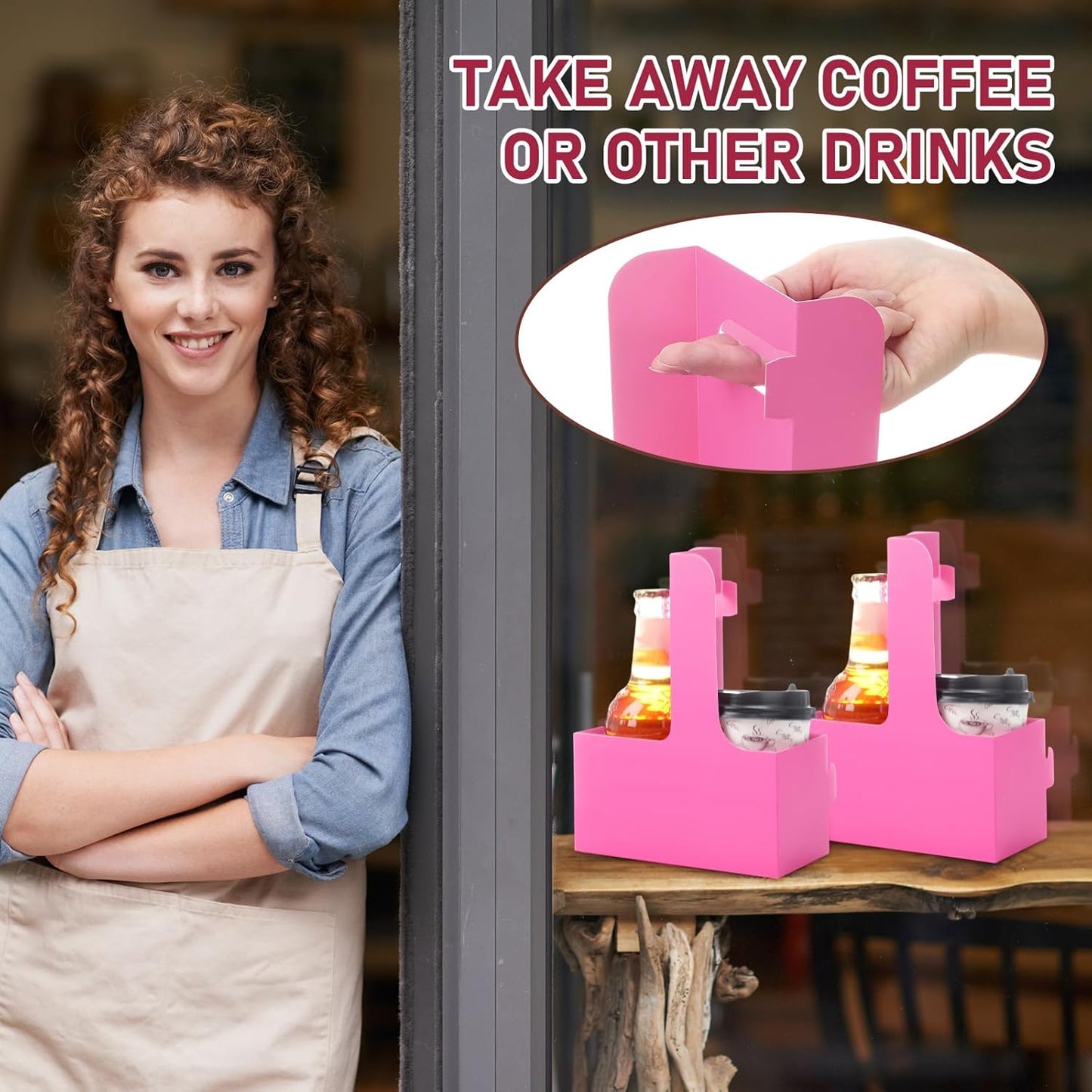 Kosiz 60 Pcs 2 Cups Drink Carrier with Handle 6.9 x 3.2 x 8.9 Inch Coffee Holder Paperboard Drink Caddy for Hot and Cold Beverage Takeout Cafe and Restaurant Xmas Wedding Food Delivery(Rose Red)