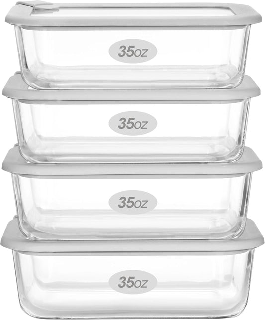 Glass Food Containers with Glass Lid, Microwave Safe Food Storage Container Set, 4 Pack of 35oz, Large Size Airtight Storage Set with Leak Proof Lids, Meal Prep Containers