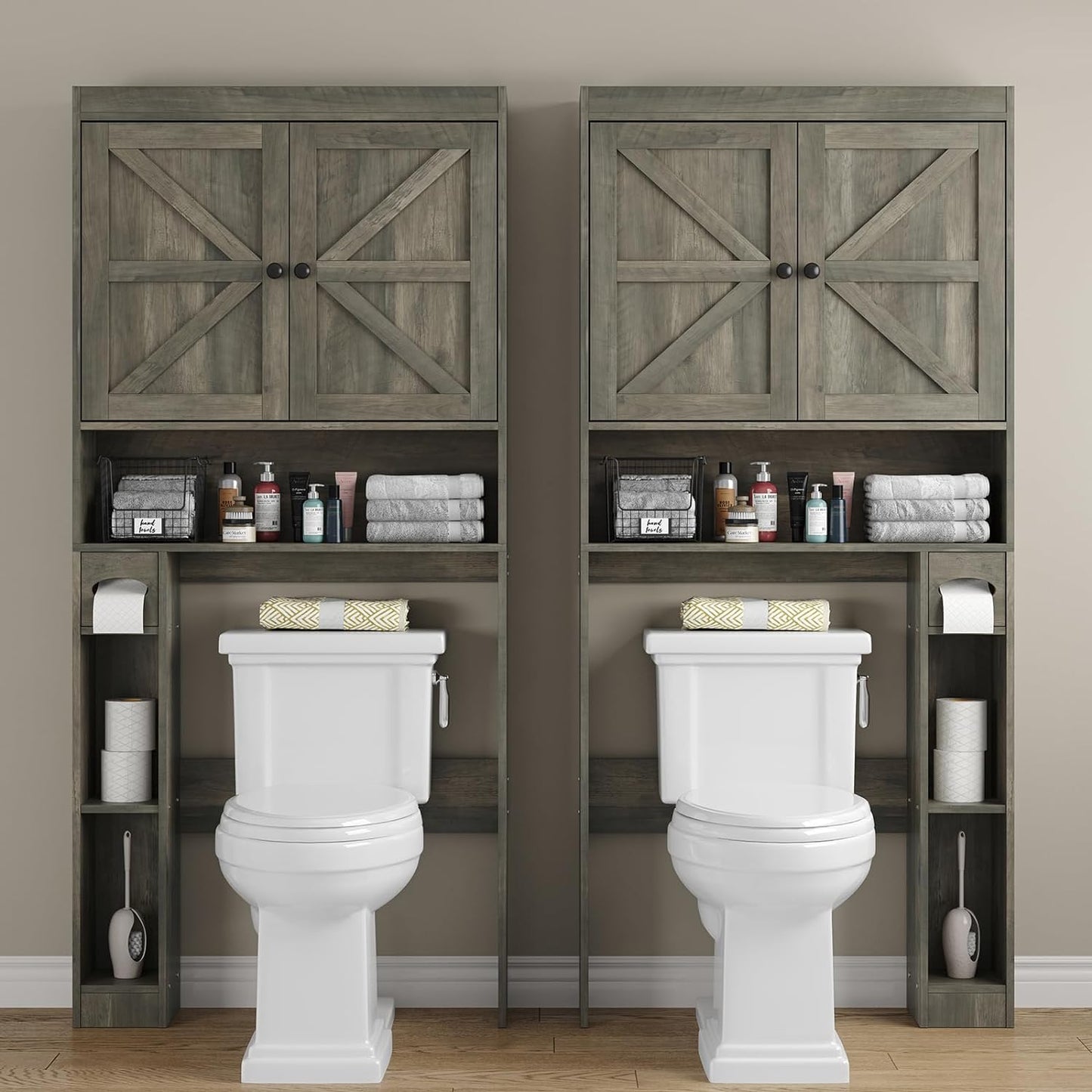 Furnideco 32.3''W Over The Toilet Storage Cabinet with Barn Doors, Over Toilet Shelf Farmhouse Storage Cabinet Space Saver with Toilet Paper Holder & Adjustable Bottom Bar, Gray