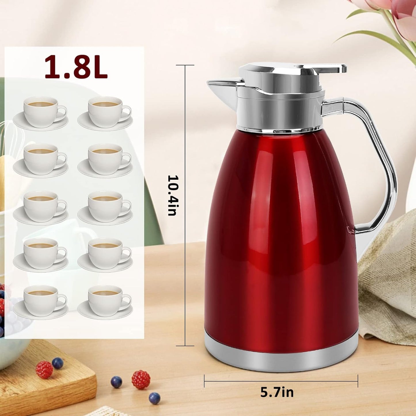 Coffee Carafes for Keeping Hot, ShineMe Stainless Steel Thermal Coffee Carafe, Double Walled Vacuum Coffee Pot, 61oz(1.8L) Insulated Hot Water & Coffee Dispenser, 12H Heat/24H Cold Retention