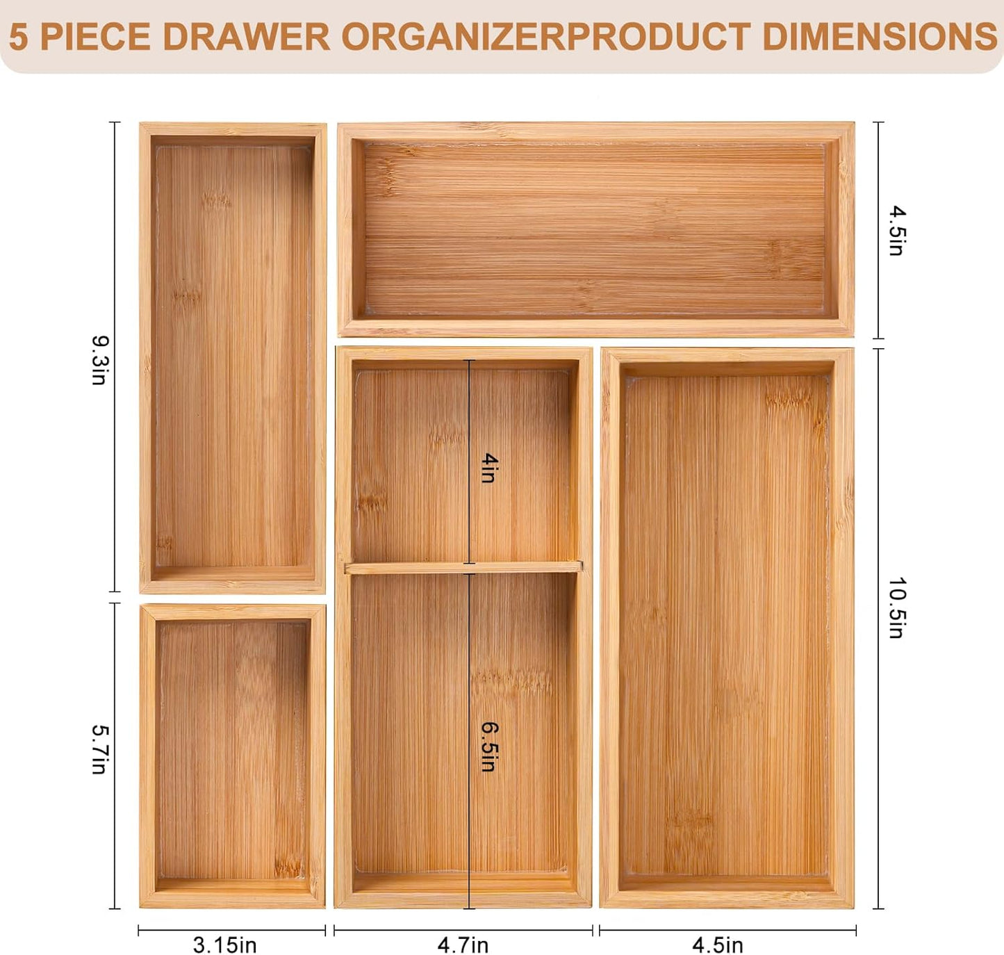 Bamboo Drawer Organizer 5 Pcs for Kitchen Multi-purpose Storage Dividers for Kitchen, Office, Jewelry, Cosmetics, Wooden Drawer Dividers for Drawer Organizer Desk Organizer Gift for Women Gifts Idea
