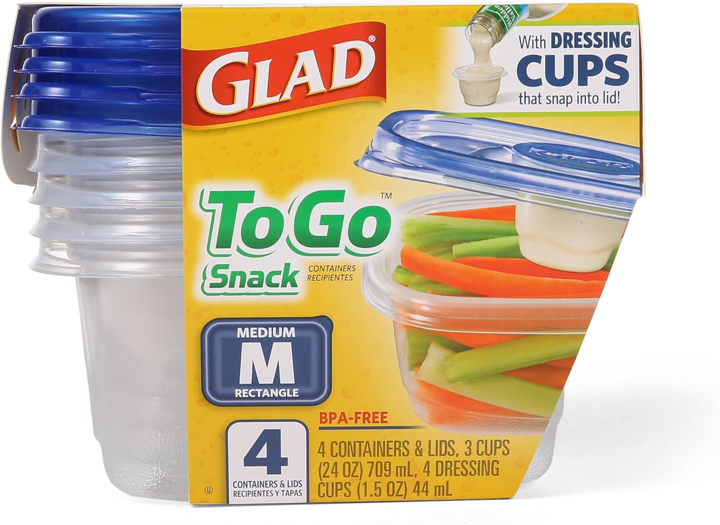 Glad GladWare To Go Snack Food Storage Containers - Medium Round - Meal Container Holds up to 24 Ounces of Food - Lock Tight Seal, 4 Count