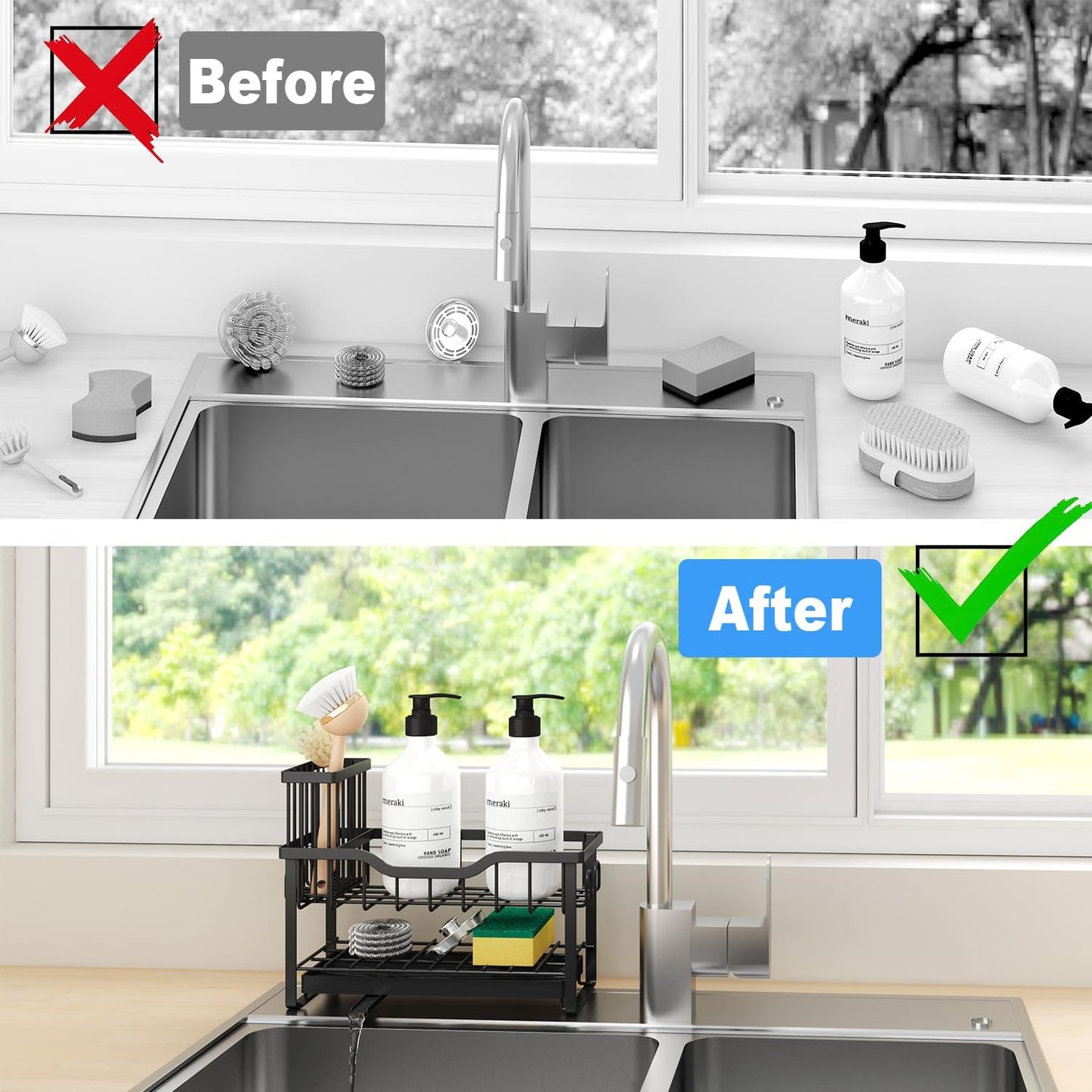 2-Tier Sponge Holder for Kitchen Sink, Caddy Organizer with High Brush Holder, Durable & Rustproof Kitchen Sink Accessories (Black)