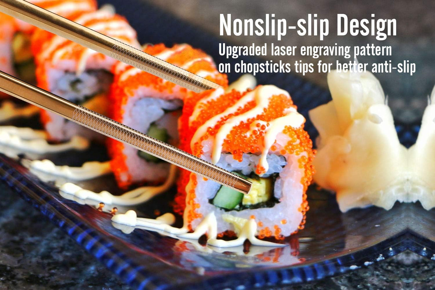 Chopsticks Reusable Titanium Plated Metal Chopsticks 304 Stainless Steel Chopstick Dishwasher safe Japanese Korean lightweight Engraved Anti-slip Chop sticks for Eating 2 Pairs Gift Set Black Gold