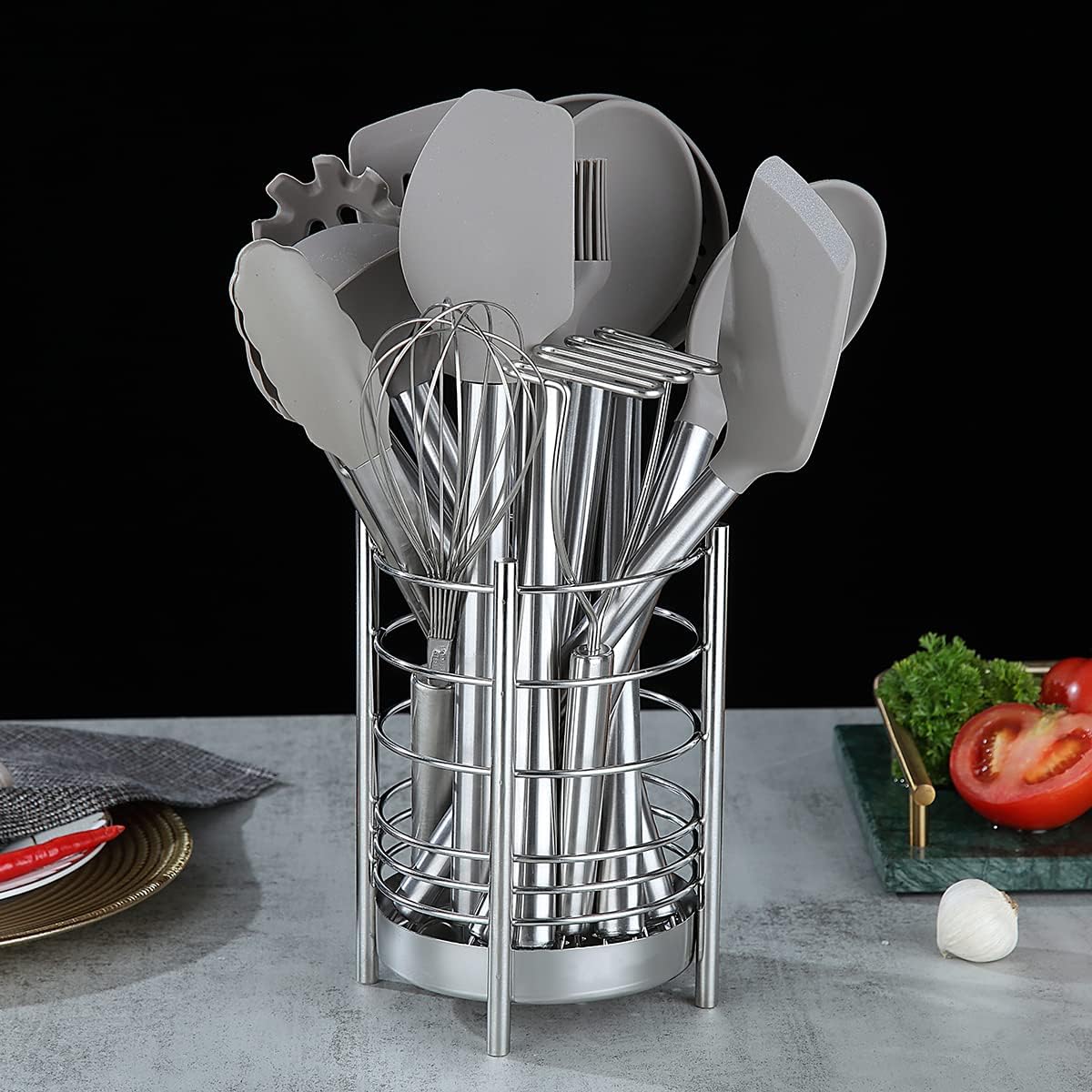 Kitchen Utensil Holder for Kitchen Counter, Stainless Steel Utensil Crocks, Utensil Storage Caddy Organizer, Cooking Utensil Holder, kitchen tools, Easy Cleaning (Silver/7.4''x5.2'')