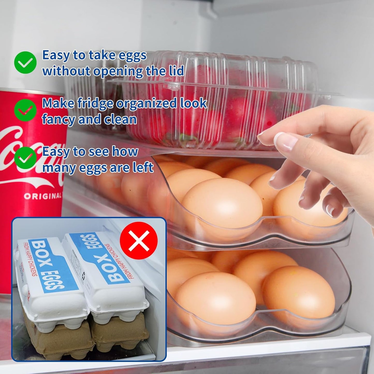 Egg Holder for Fridge, Automatic Rolling Egg Organizer for Refrigerator, Clear Plastic Egg Container & Tray, Stackable Dispenser and Storage Bin with Sturdy Lid to Saving Space -3 Layer