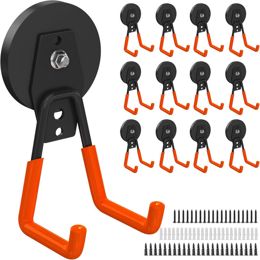 12 Pcs Magnetic Hooks Heavy Duty, Large Strong Magnetic Storage Hook for Hanging Garage Tool, 66mm Magnet Hooks with Anti-Slip Coating, Magnetic Holder for Power Drill/Metal Cabinet/Garden Tools