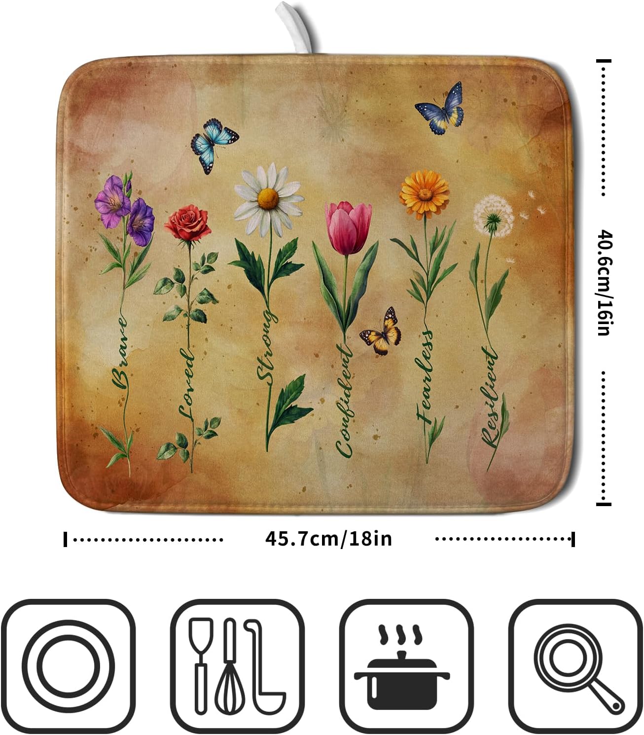 Inspirational Words Dish Drying Mat - Vintage Floral Kitchen Dish Dry Mat for Women 16 X 18 Inch