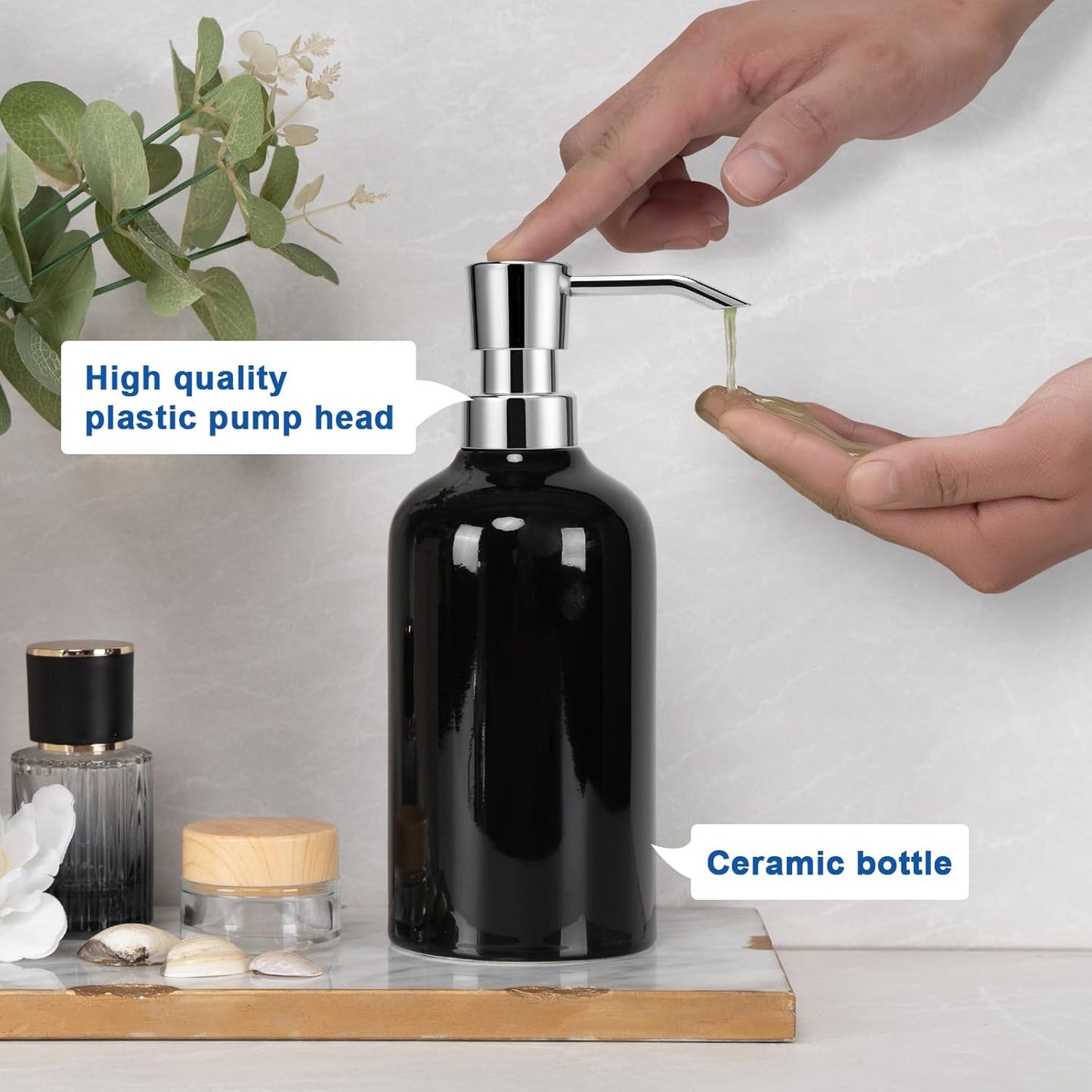 Ceramic Black Soap Dispenser Bathroom, 16.9oz Hand Soap Dispenser for Kitchen, Hotel