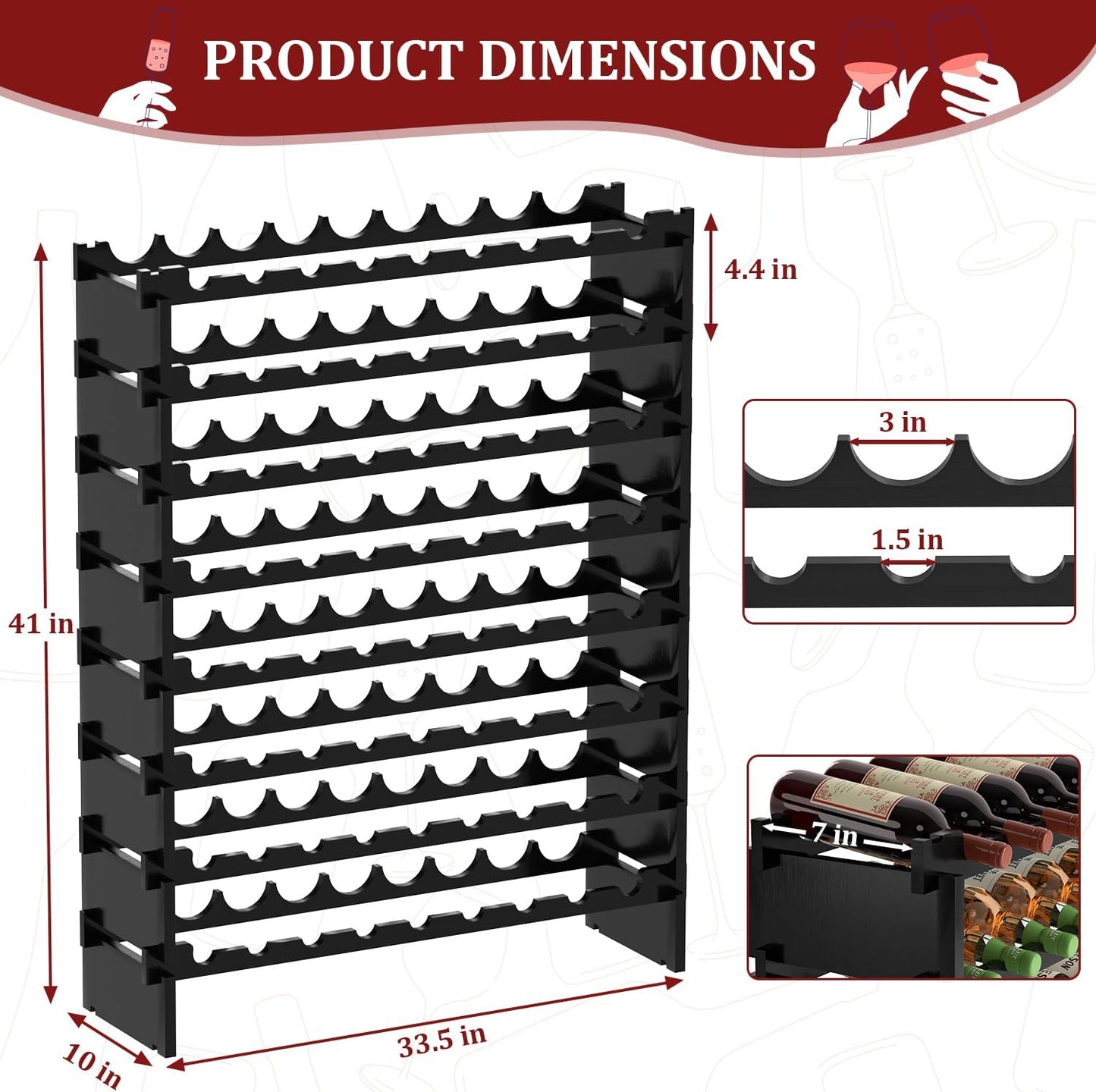 Domax Wine Rack Freestanding Floor - 8 Tiers Wine Bottle Holder 72 Bottle Stackable Bamboo Wooden Storage Racks Shelves for Kitchen, Bar, Pantry and Cellar (Black)