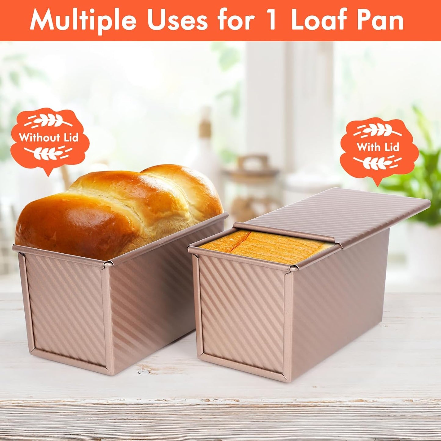 Beasea Pullman Loaf Pan with Lid, 1 Pack Non-Stick 1 lb Carbon Steel Bread Toast Box Baking Cake Mold with Cover for Homemade Bread Oven Baking - Rose Gold