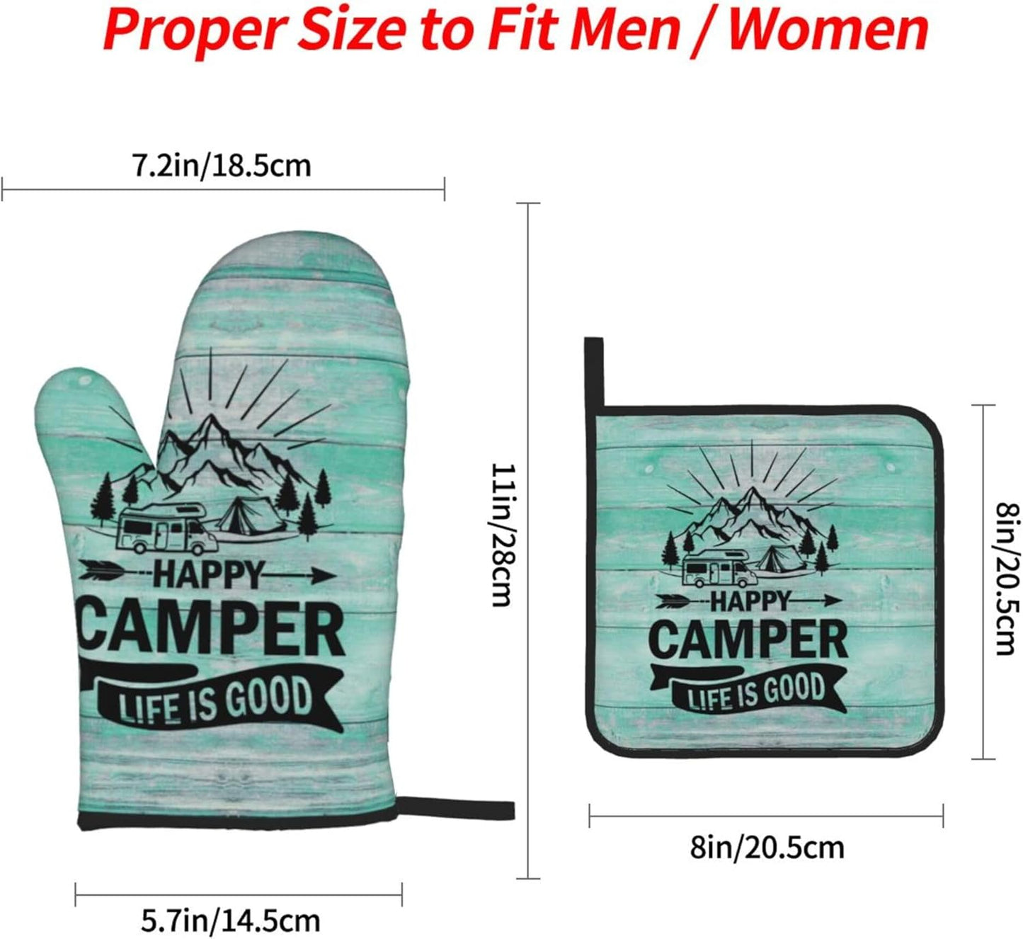 Happy Camper Oven Mitts and Pot Holders Sets of 4,Resistant Hot Pads with Polyester Non-Slip BBQ Gloves for Kitchen,Cooking,Baking,Grilling