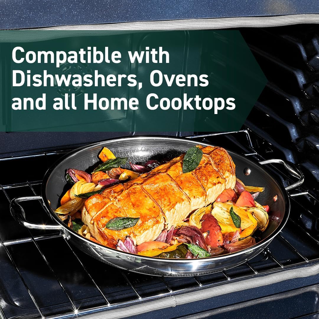 HexClad Hybrid Nonstick 14-Inch Frying Pan with Stainless Steel Lid, Stay-Cool Handles, Dishwasher-Friendly, Oven-Safe Up to 900°F, Induction Ready, Compatible with All Cooktops