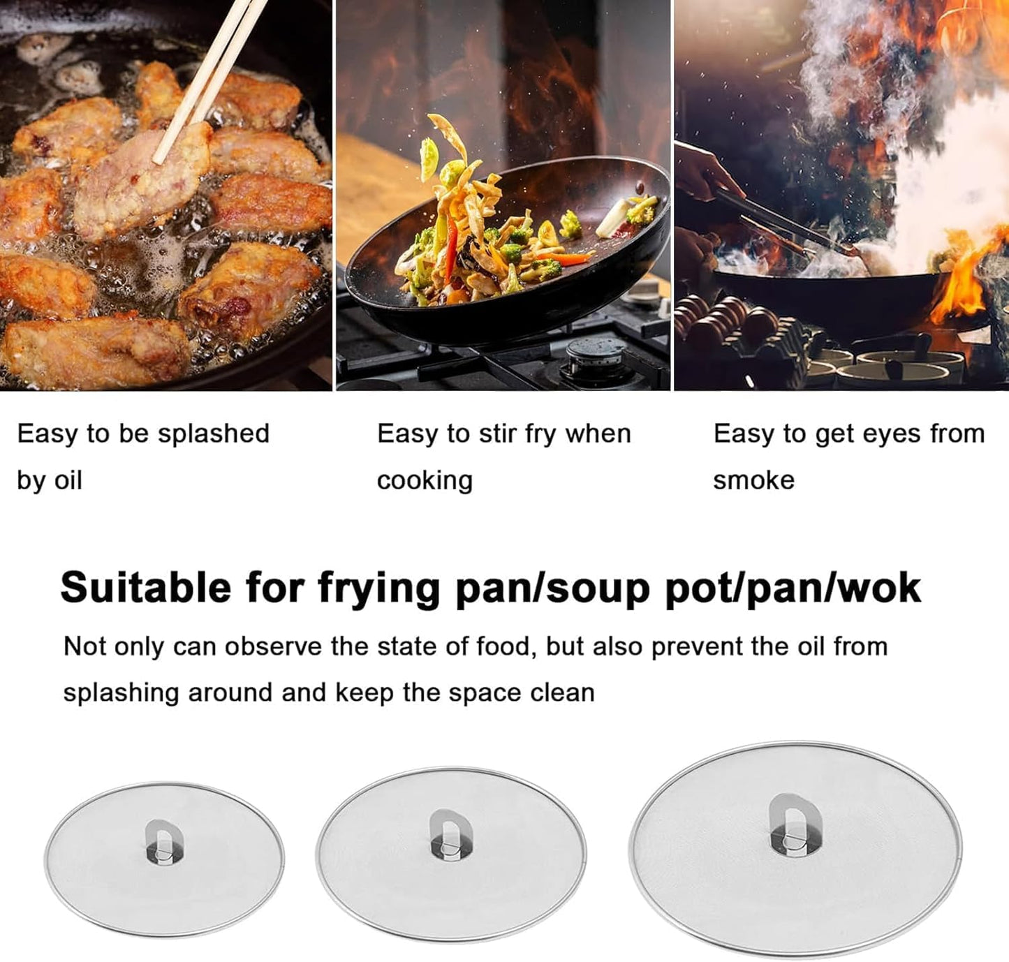 Homestia Kitchen Splatter Screen for Cooking - 10'' 11.5'' 13'' Stainless Steel Grease Splatter Guard for Frying Pan, Ultra Fine Mesh Lids with Fold Flat Knob Set for Prevent Oil Splatter (3 Pack)