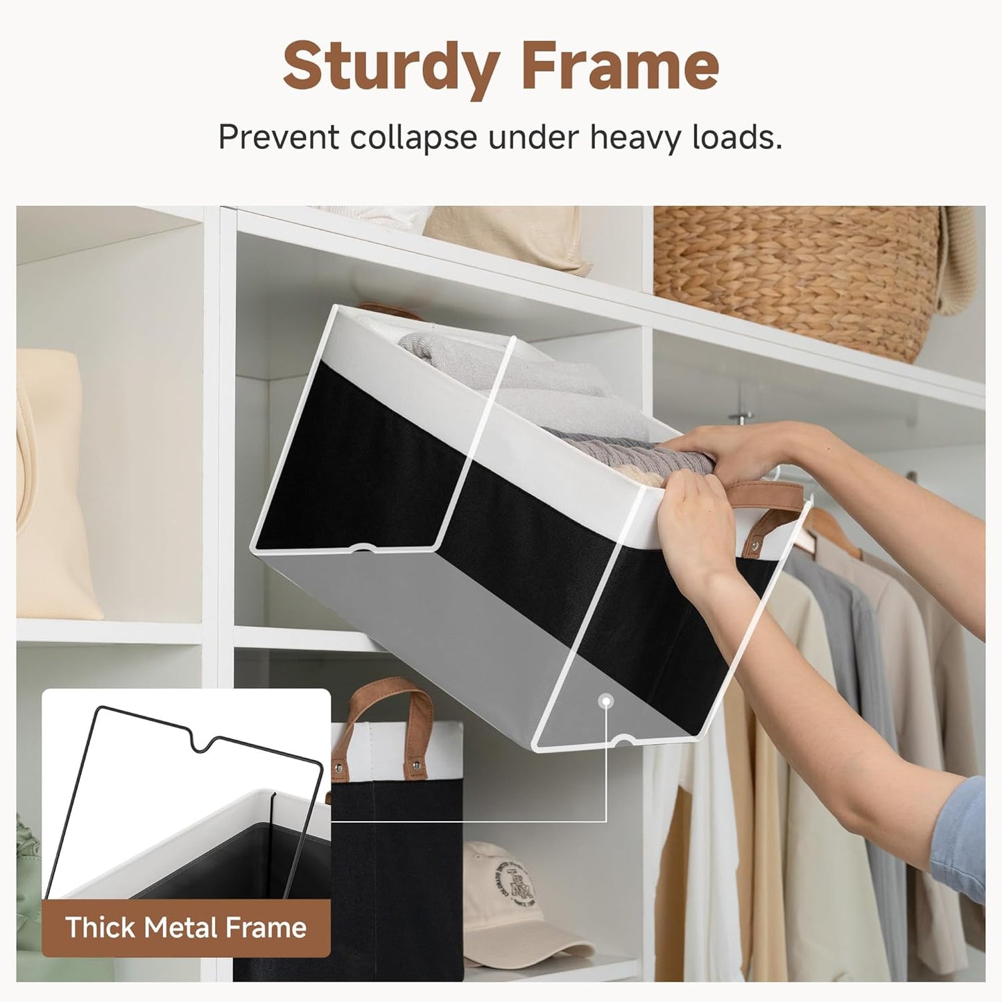 StorageWorks Storage Bins, Fabric Storage Bins for Shelves, Large Storage Baskets with Metal Frame, Closet Baskets and Bins with Handles, Black and White, 2-Pack