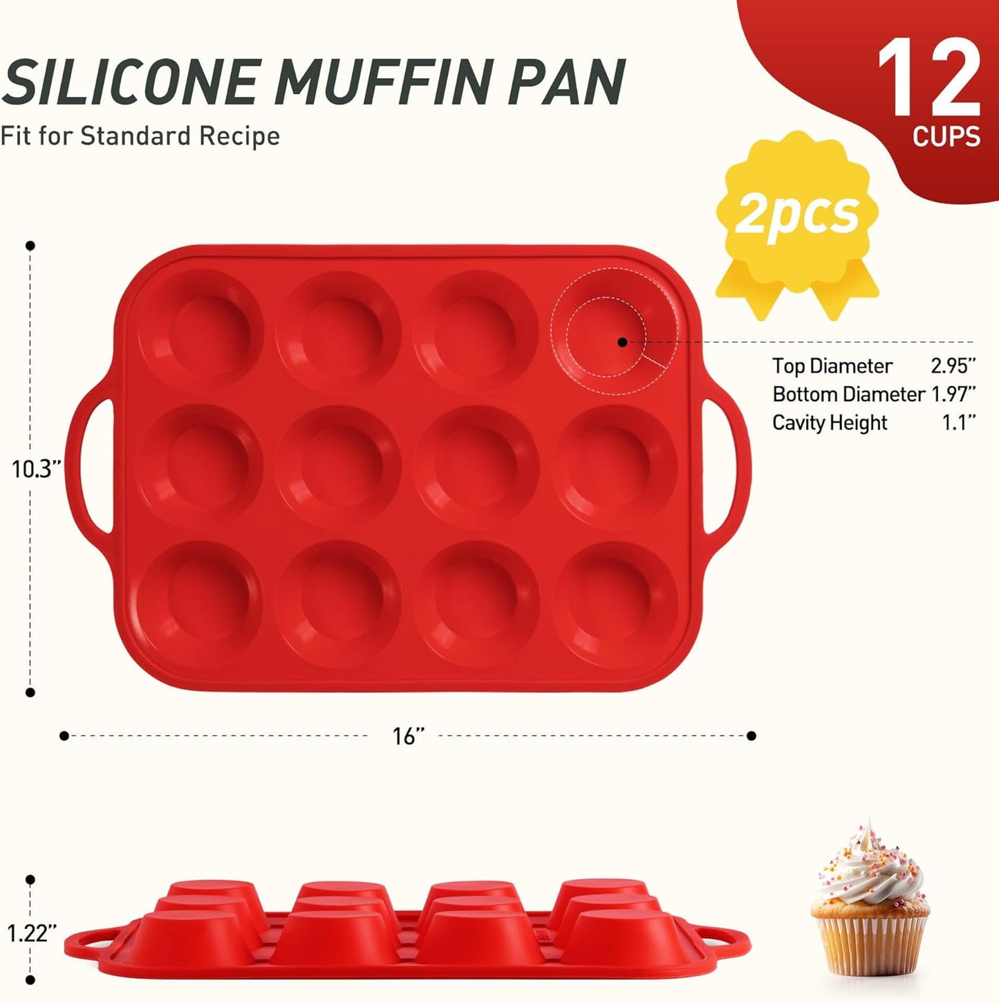2 Packs 12 Cups Silicone Muffin Pan for Baking with Metal Reinforced Frame Regular Size Cupcake Pan Tray Egg Bites Silicone Cookie Molds Muffin Tin Tart Pans Sheet Set for Oven Dishwasher Safe