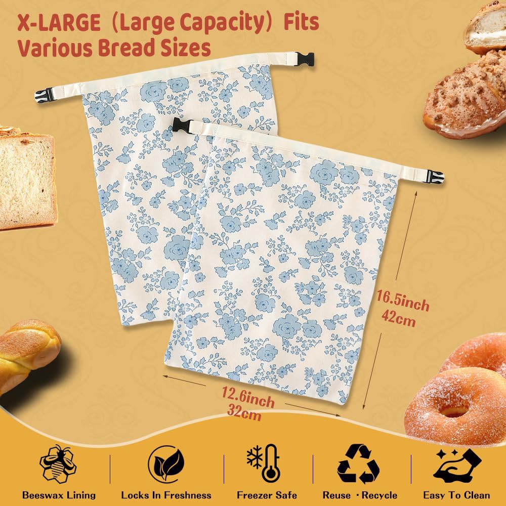 Bread Bags for Homemade bread,2 Pack Sourdough Bread Bags,Beeswax Bread Bags for Bourdough,Reusable Bread Storage