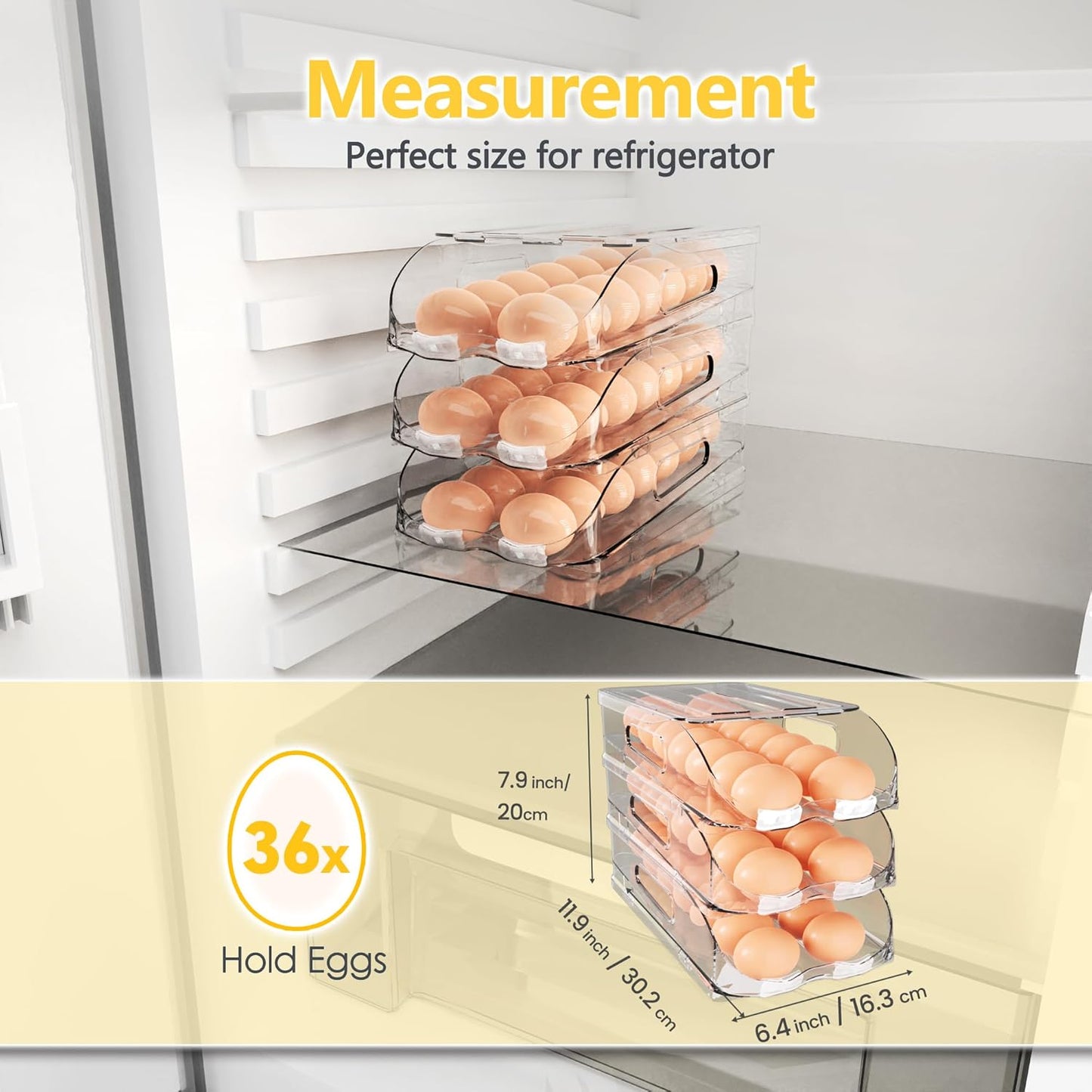 Egg Holder for Fridge, Automatic Steady Rolling Egg Container with Soft Bumpers & Handle for Refrigerator, Stackable Fridge Organizers and Storage with Lid
