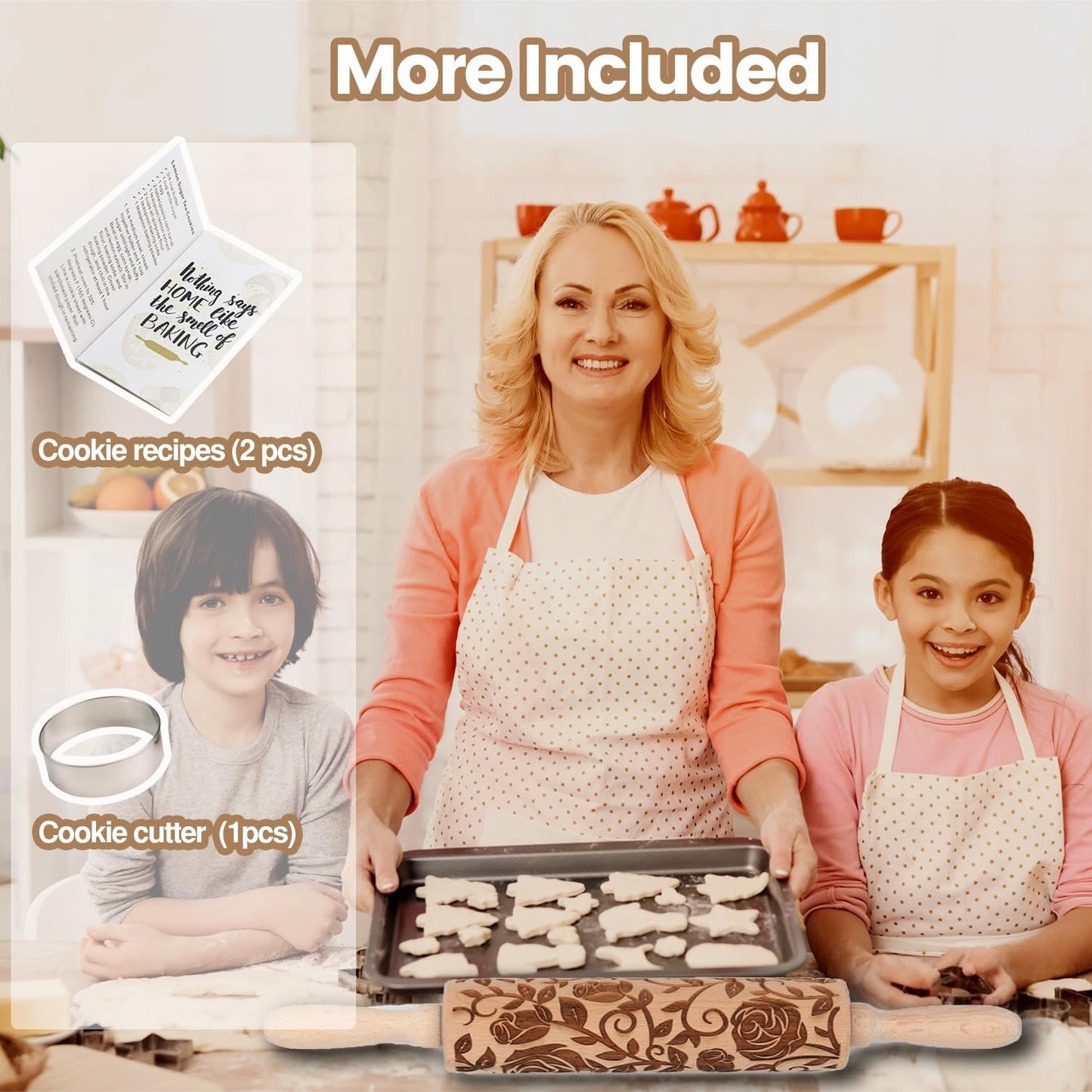 Floral Rose Embossed Rolling Pin for Baking Cookies Embossing Rolling Pins with Design Wooden Engraved Springerle Shortbread Roller Pin Flower Patterned Clay Pottery Ceramic Stamp Mold Bakers Women