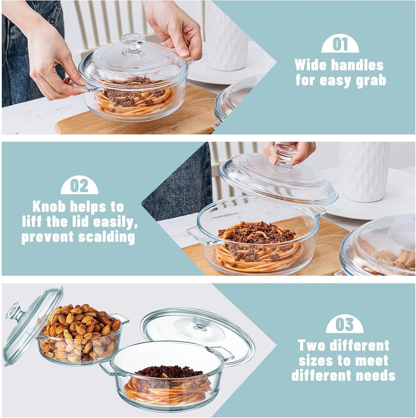 Maxcheck 2 Pieces Glass Casserole Dish with Lid Baking Casserole Dish Covered Cookware Microwave Bowls with Handle for Kitchen Restaurant Home Party Cooking, Oven Safe (Round,0.8L/ 1.7L)