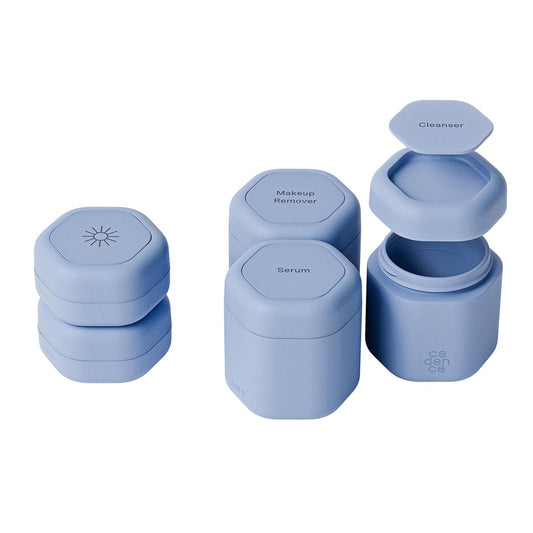 Cadence Travel Containers - Core Skincare Set - Magnetic Containers with Lids,2 Small (0.56oz) & 3 Medium (1.32oz) - Cleanser, Moisturizer, Serum, Makeup Remover & Sun Icon Labels - Pacific