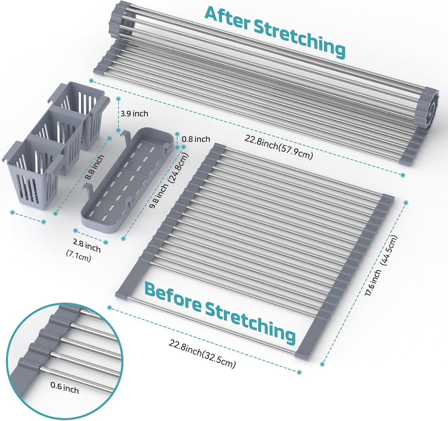 Extra Large Expandable Roll Up Dish Drying Rack Up to 22.8''with 2 Storage Baskets,Over The Sink Kitchen Rolling up Dish Drainer Dish Drying Rack in Sink, Foldable,Rollable,for Kitchen Dishes,Fruits