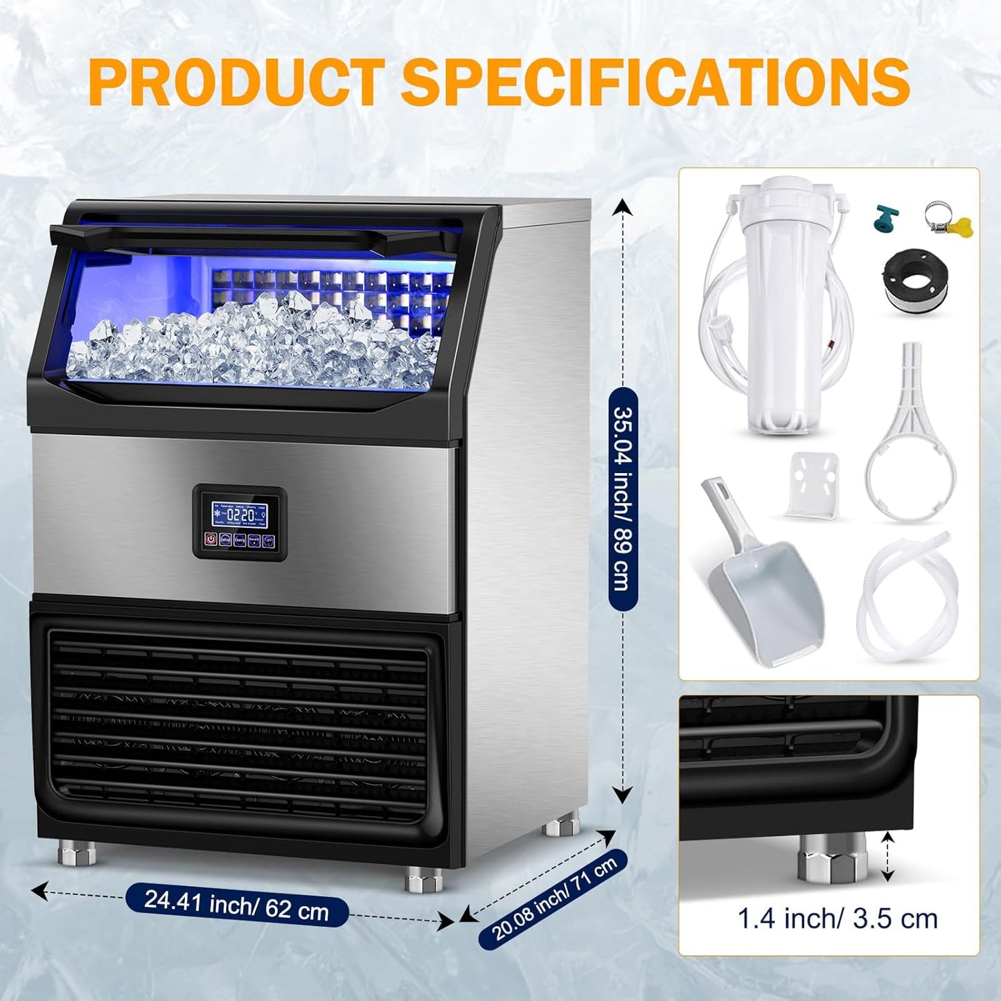 Ice Maker Machine Commercial, 240Lbs/24H with 75Lbs Storage Bin, 80Pcs Ice Cubes 8Mins, Freestanding Large Ice Machine with Water Filter and Ice Scoop for Restaurant Bar Home Office