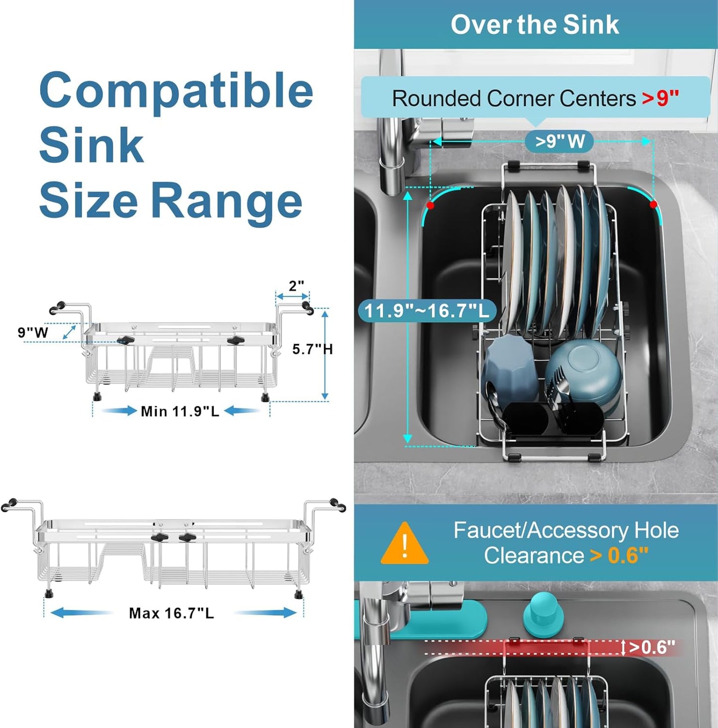 GSlife Small Sink Dish Drying Rack - Stainless Steel Capacity Extendable Narrow Dish Drainer for RV Sink Apartment Kitchen, 11.9“-16.7” L x 9" W x 5.7" H, Silver