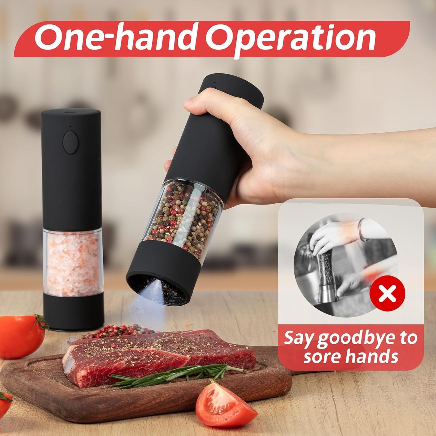 Electric Salt & Pepper Grinder Set (2 Pack) – USB Rechargeable, Adjustable Coarseness, One-Handed Operation with LED Light – Automatic Spice Mill Shaker for Kitchen, Dining, or Camping
