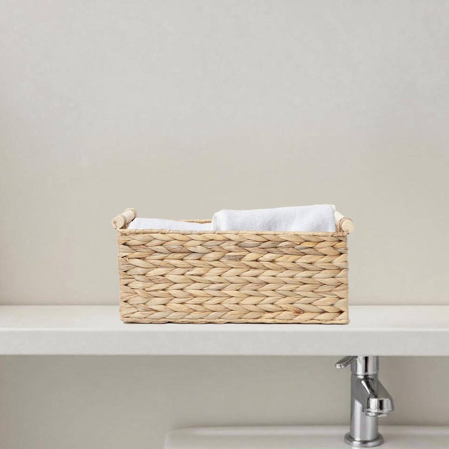 Handmade Water Hyacinth Woven Storage Baskets with Wooden Handles, Rectangle Rustic Organizer Set for Home Decor, Kitchen, Bedroom & Office (Medium)