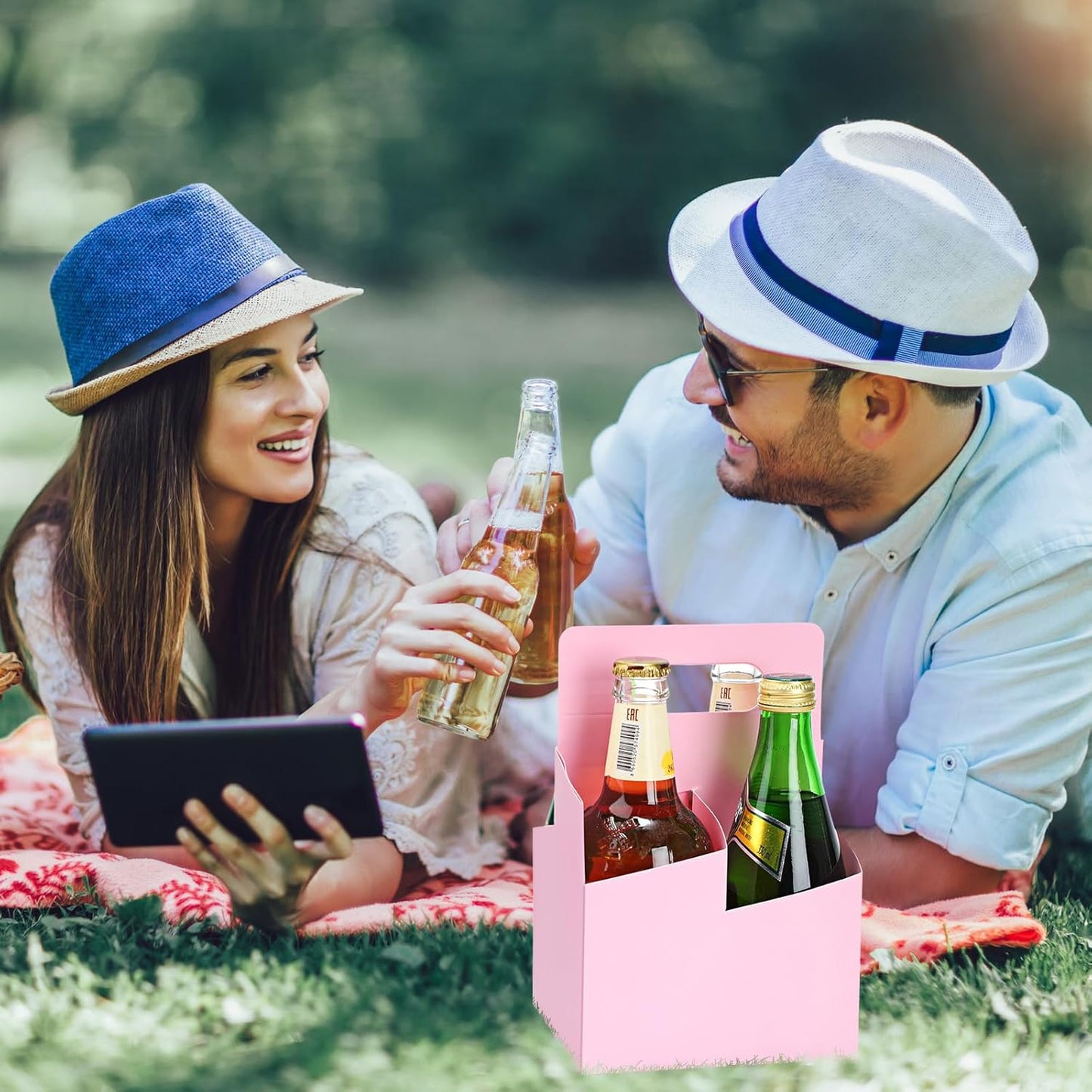 Jetec 4 Cup Drink Carrier with Handle, Kraft Paperboard Beer Carrier, Disposable Drink Holder for Hot or Cold Drinks, 12-16 oz Bottle Holder for Soda and Other Bottled Products(50 Pcs,Pink)