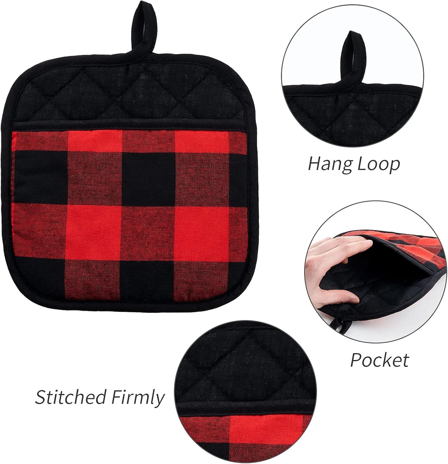 Joyhalo 4 Pack Pot Holders for Kitchen,Cotton Oven Holder with Great Heat Resistance,Non Slip Hot Pads for Kitchen Clearance,Black and Red