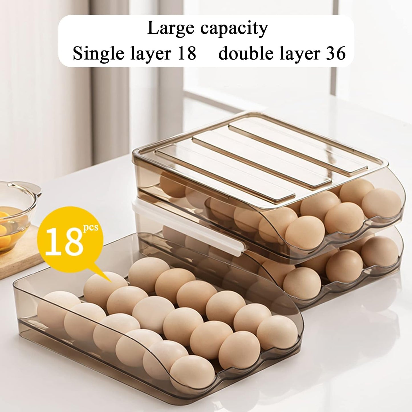 Egg Holder for Refrigerator Auto Scrolling Organizer Plastic Stackable Storage Container Reusable Clear Tray Box Basket Bin Lid Drawer Carrier Keeper(2 Layer)