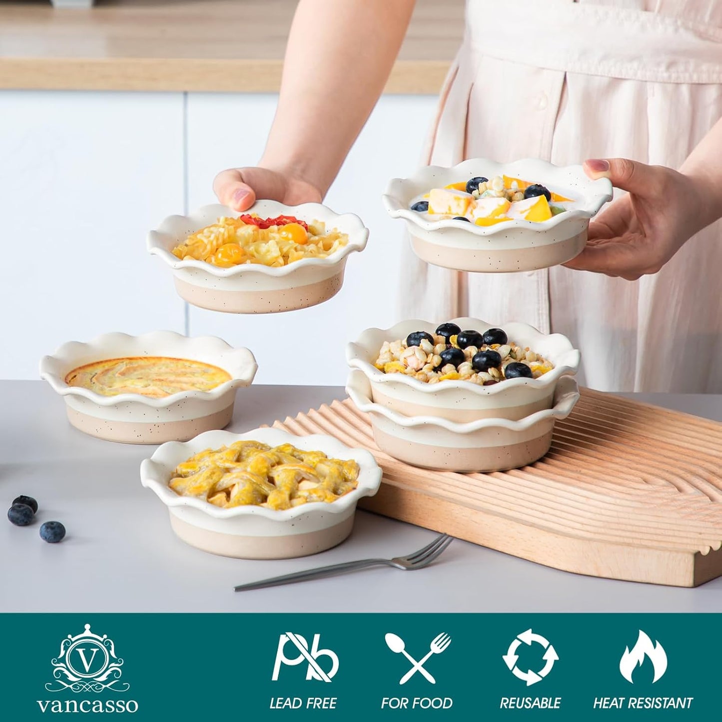 vancasso Mini Pie Pans Set of 6, 5.2 inch Ceramic Small Pie Plate for Baking, Shallow Ramekins Mini Pie Dish with Ruffled Edge for Chicken Pot Pie, Cake, Quiche, Tart, Cream Colored