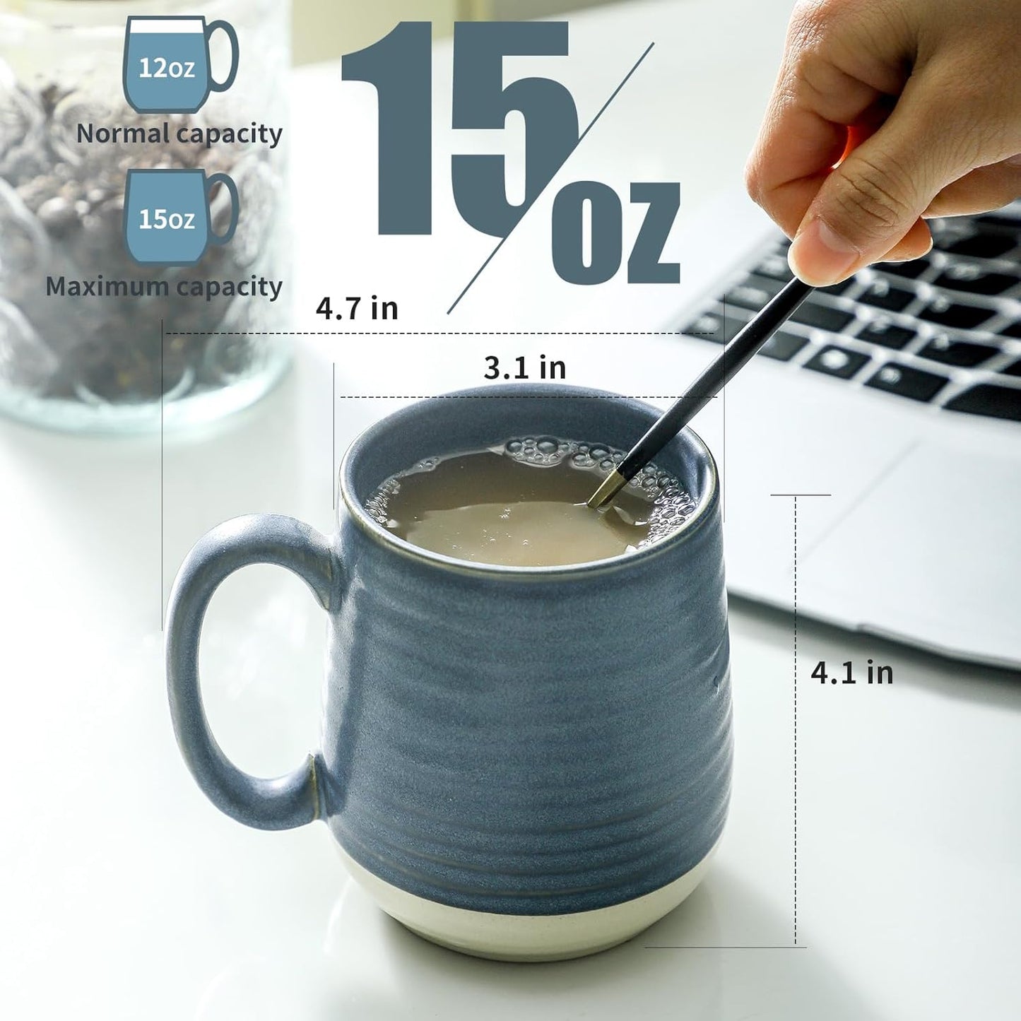 Hasense Coffee Cups, 15 oz Coffee Mugs Ceramic with Handles Set of 6, Tea Cup for Home and Office, Stylish Colorblocking Mug for Coffee, Tea, Latte, Cocoa, Dishwasher Microwave Safe, Deep Blue