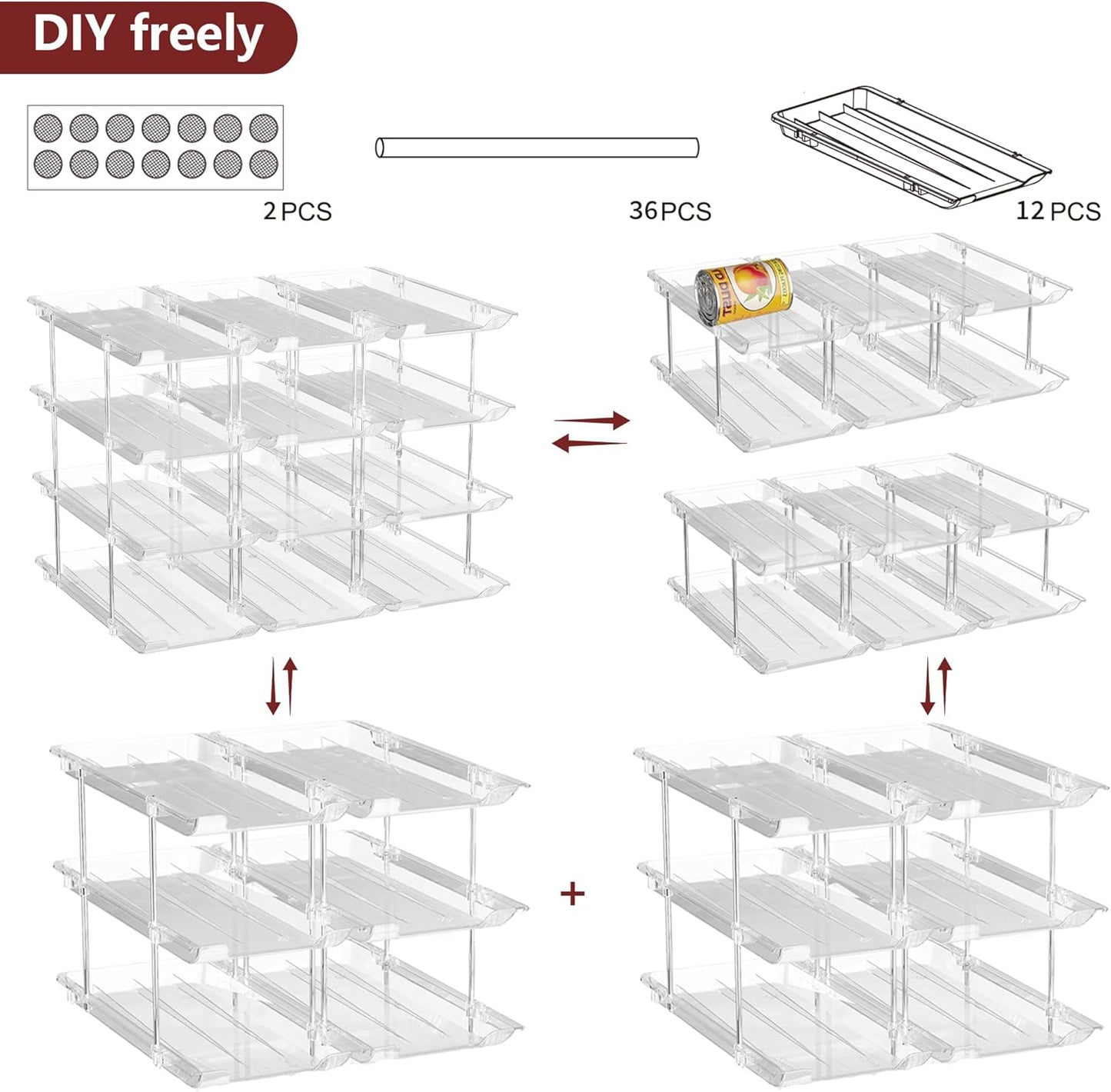 Can Organizer for Pantry, 6 Sets 3Tiers Can Storage Organizer Pantry, Soda Can Organizer for Fridge 72 Cans Rack Automatic Rolling Stackable Canned Food Organizer,Clear