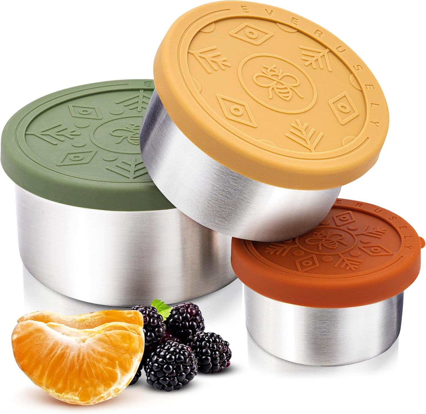 Everusely - Stainless Steel Food Containers - 3 Pack, Muted - Lunch Box - Snack Containers for Office, Home Food Storage - Leakproof with Silicone Lids - Dishwasher & Freezer Safe