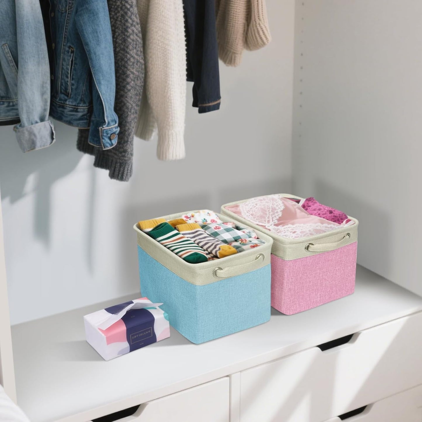 BALEINE 3 Pack Fabric Storage Bins for Shelves, Linen Storage Baskets for Organizing, Decorative Closet Bins for Clothes, Home (Brown, 12"x8"x8")